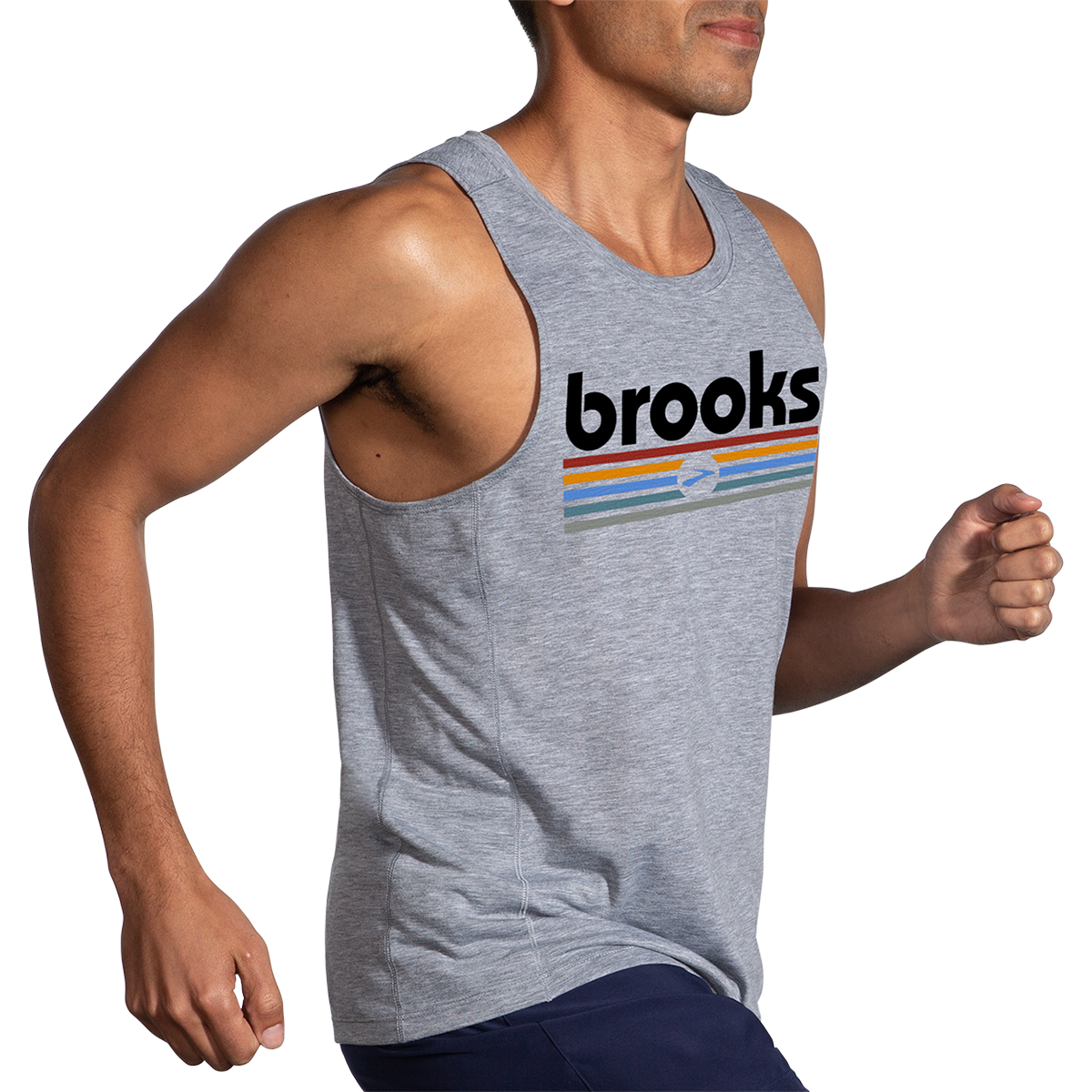 Brooks Distance 2.0 Tank — Heather Ash - Brooks Track Stripe — Size Small — Back View