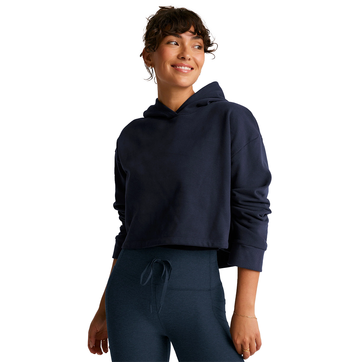 Beyond Yoga Happiness Cropped Hoodie — After Dark Navy — Size XSmall — Front View