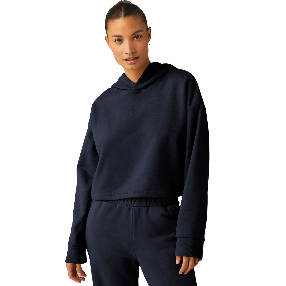 Beyond Yoga Happiness Cropped Hoodie — After Dark Navy — Size XSmall — Side View