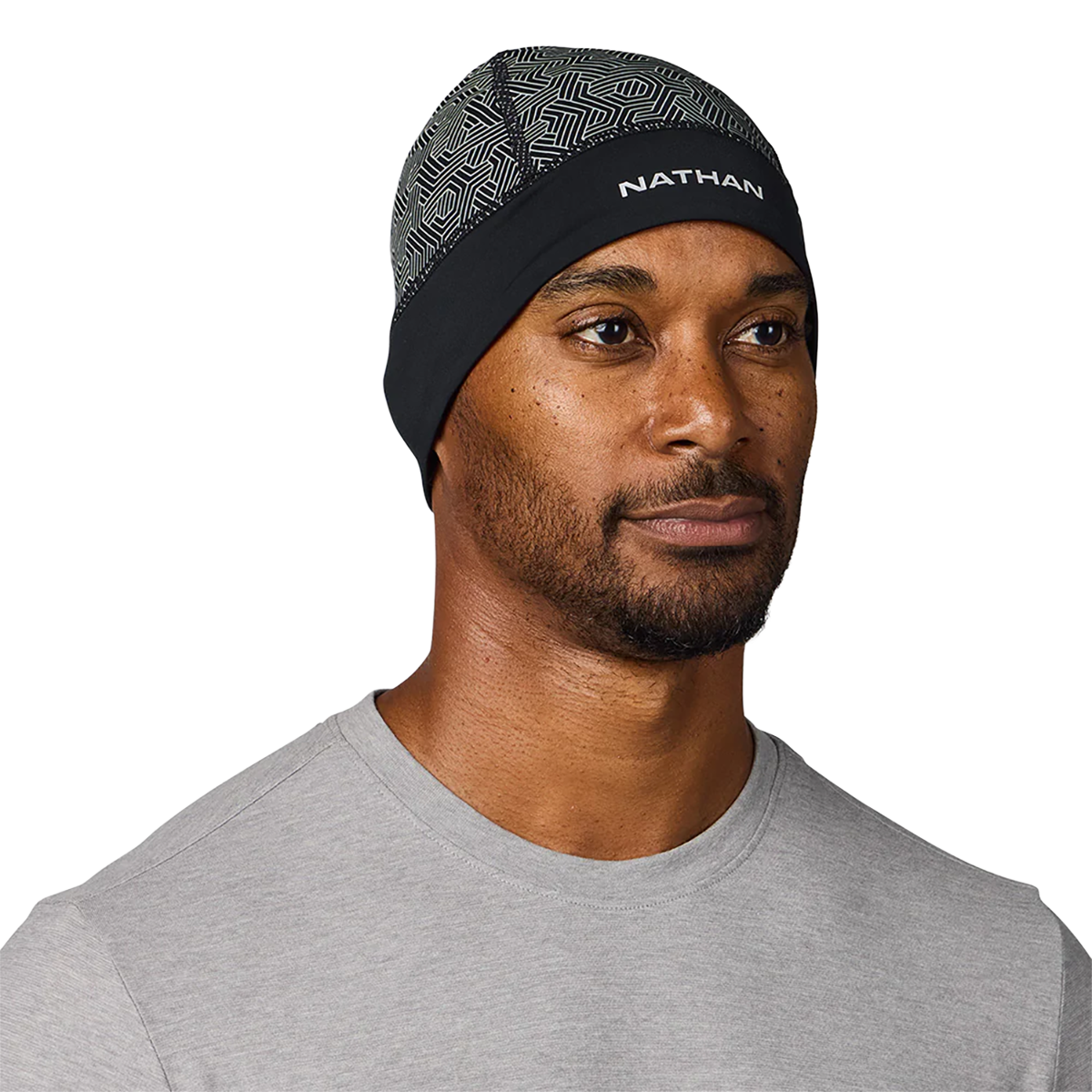 Nathan HyperNight Reflective Beanie 2 — Black - Hex Print — Size One Size — Front View