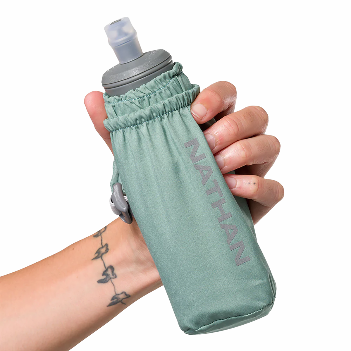 Nathan Pinnacle 14oz Soft Flask — Sage Green - Reflective Silver — Back View