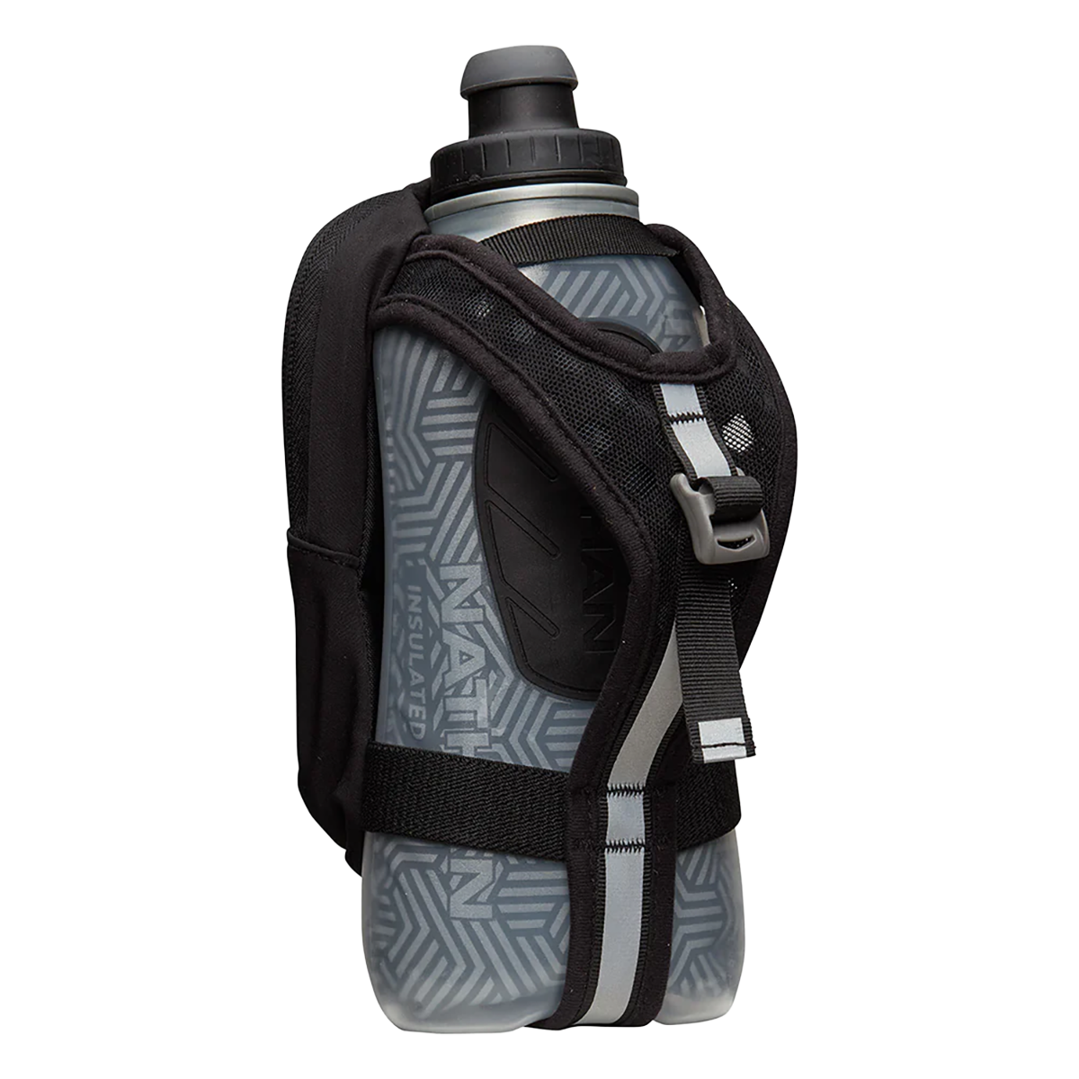 Nathan SpeedDraw 2 View 18oz Ins. Flask — Black - Reflective Silver — Side View