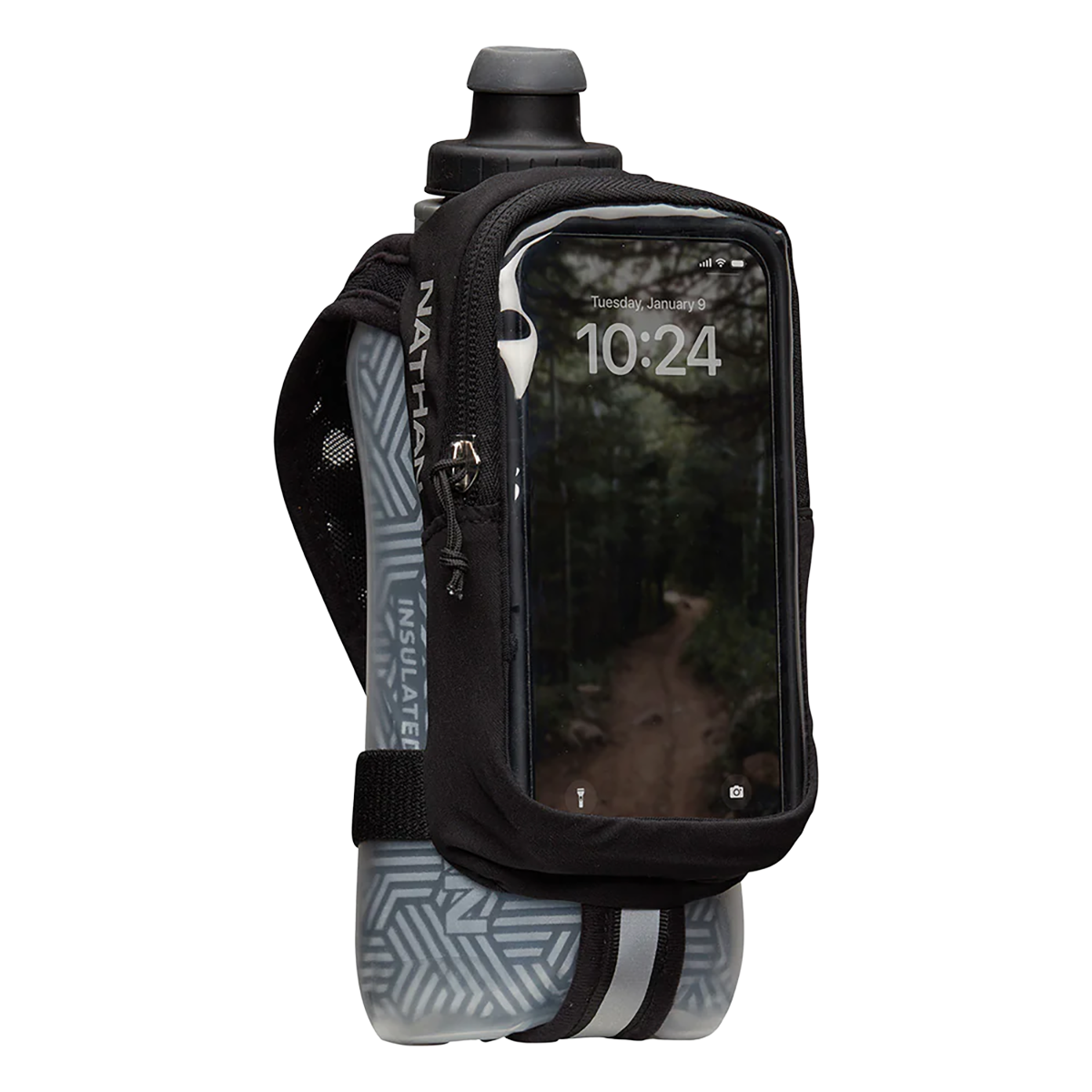 Nathan SpeedDraw 2 View 18oz Ins. Flask — Black - Reflective Silver — Front View
