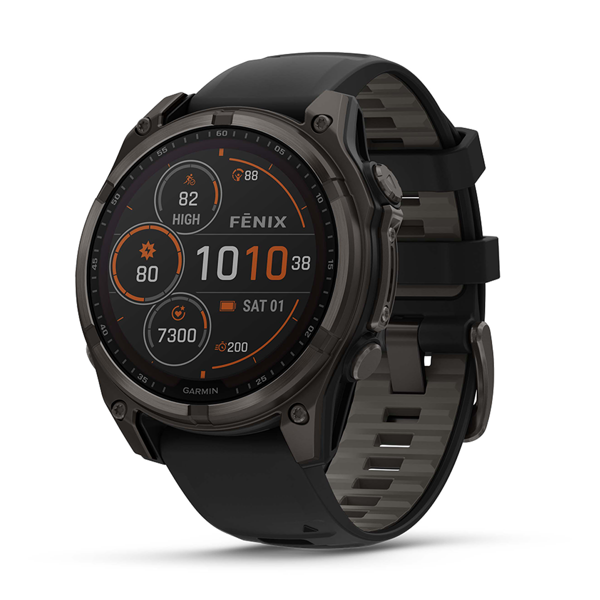Garmin Fenix 8 Solar — Titanium Amp Yellow - Graphite — Size 51 mm — Front View