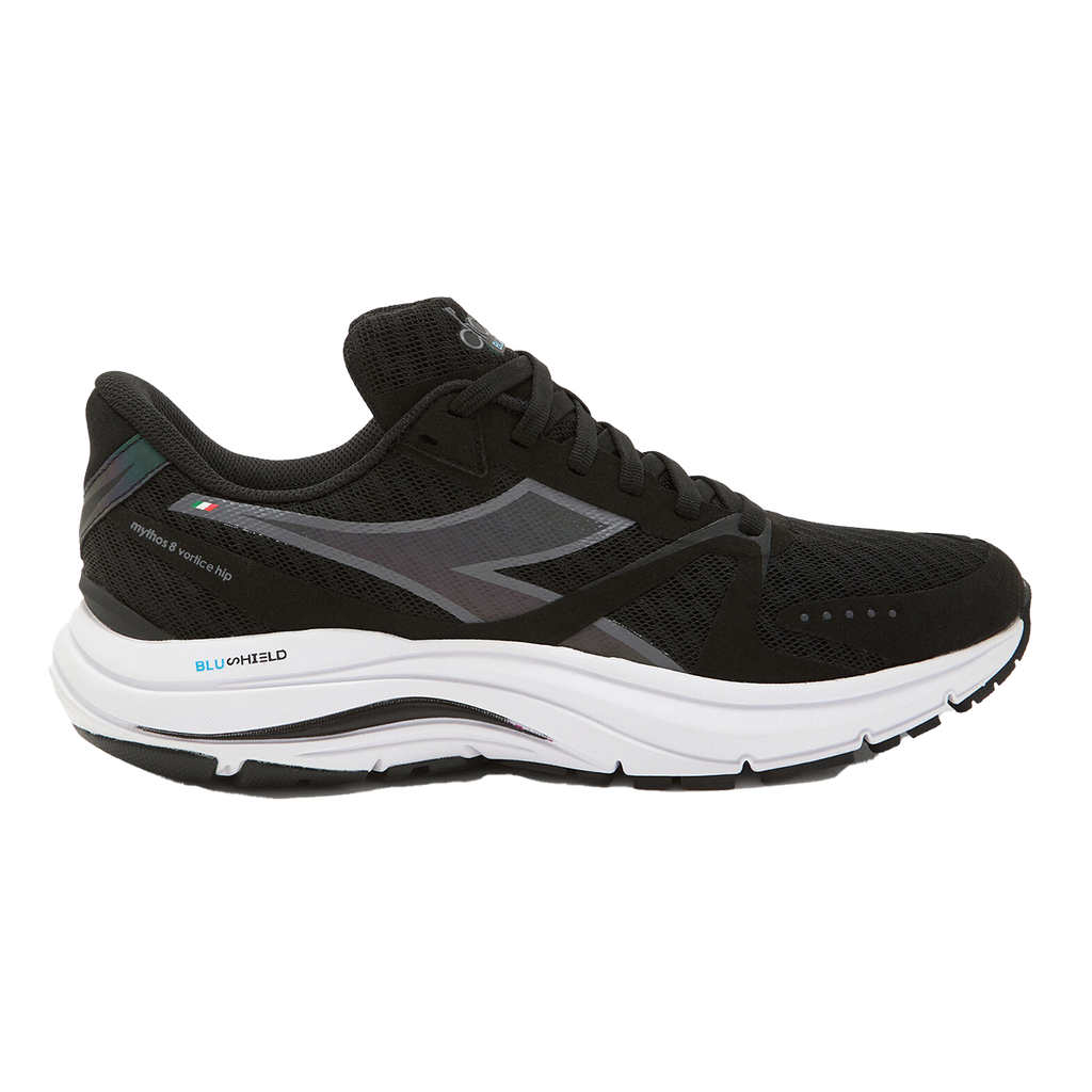 Diadora Mythos Blushield 8 Vortice HIP — Black - White — Size B — Width 10 — Front View
