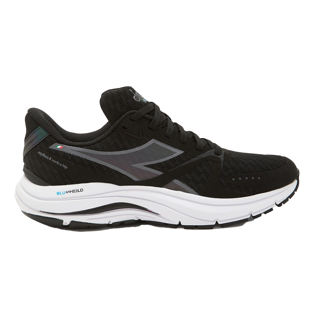 Diadora Mythos Blushield 8 Vortice HIP — Black - White — Size B — Width 10 — Front View
