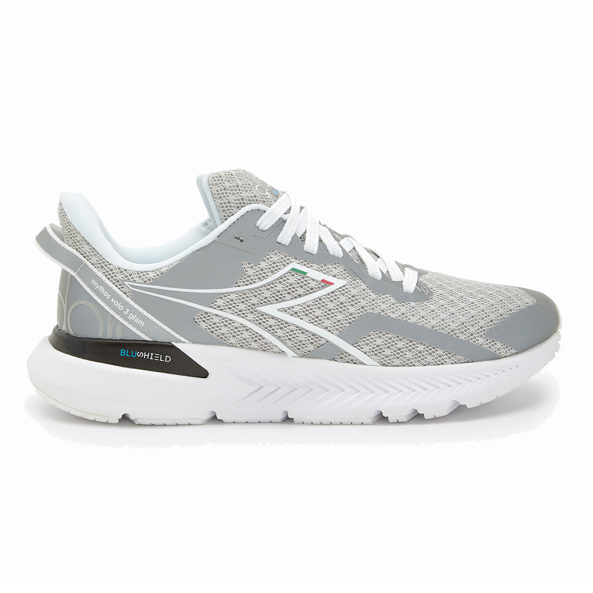 Diadora Mythos Blushield Volo 3 Glam — Silver - White — Size B — Width 10 — Top View