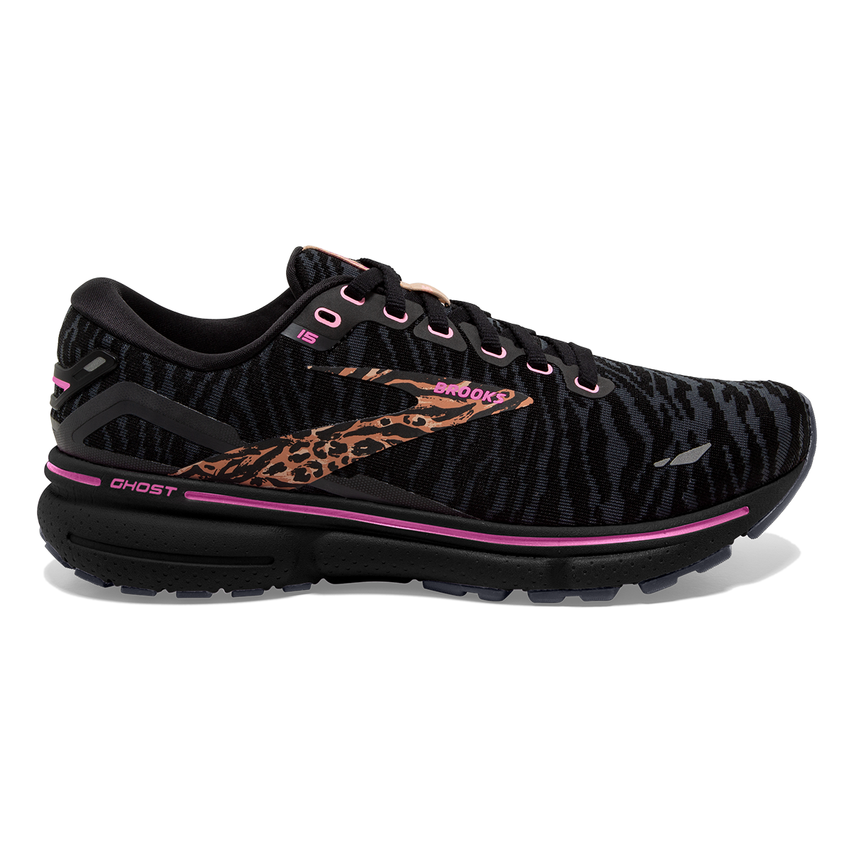 Brooks Ghost 15 Run Wild — Black - Spring Crocus - Sunburn — Size B — Width 6 — Front View