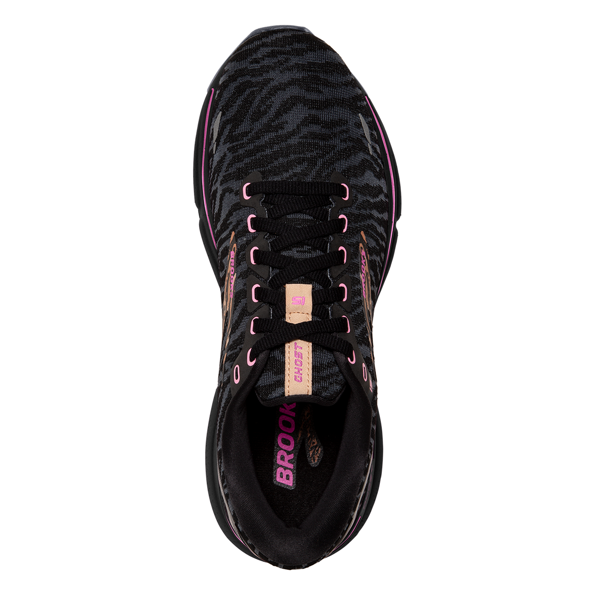 Brooks Ghost 15 Run Wild — Black - Spring Crocus - Sunburn — Size B — Width 6 — Back View