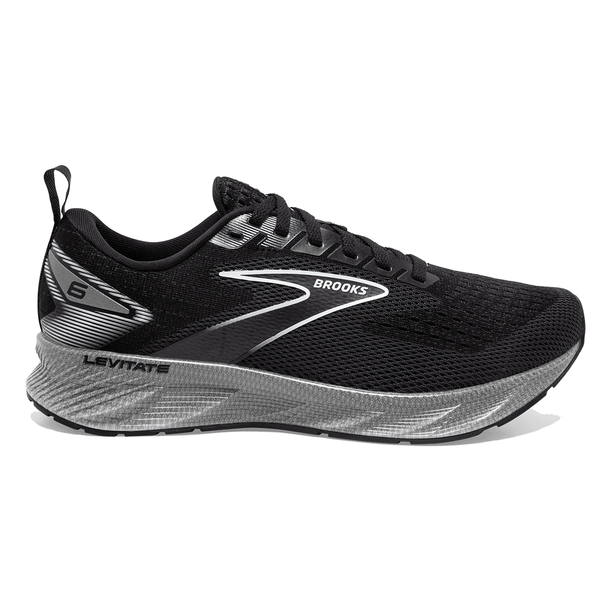 Brooks Levitate 6 — Black - Blackened Pearl - White — Size B — Width 7.5 — Detail View