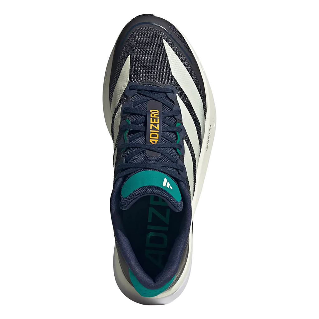 Adidas Adizero Boston 13 — Night Indigo - Wonder White - Equipment Green — Size D — Width 9 — Back View