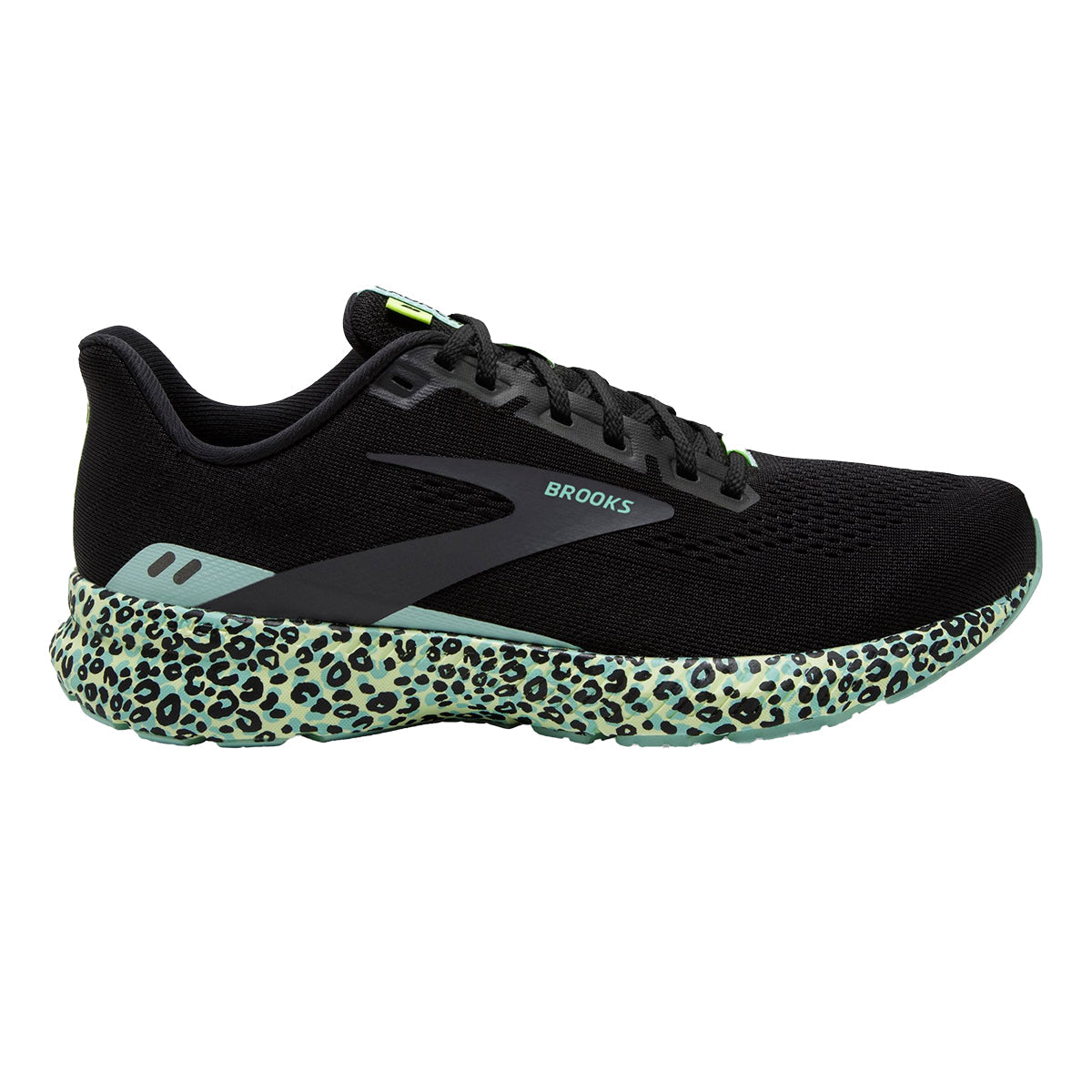 Brooks Launch 8 Wild Cheetah — Black - Ebony - Ocean — Size B — Width 10.5 — Front View