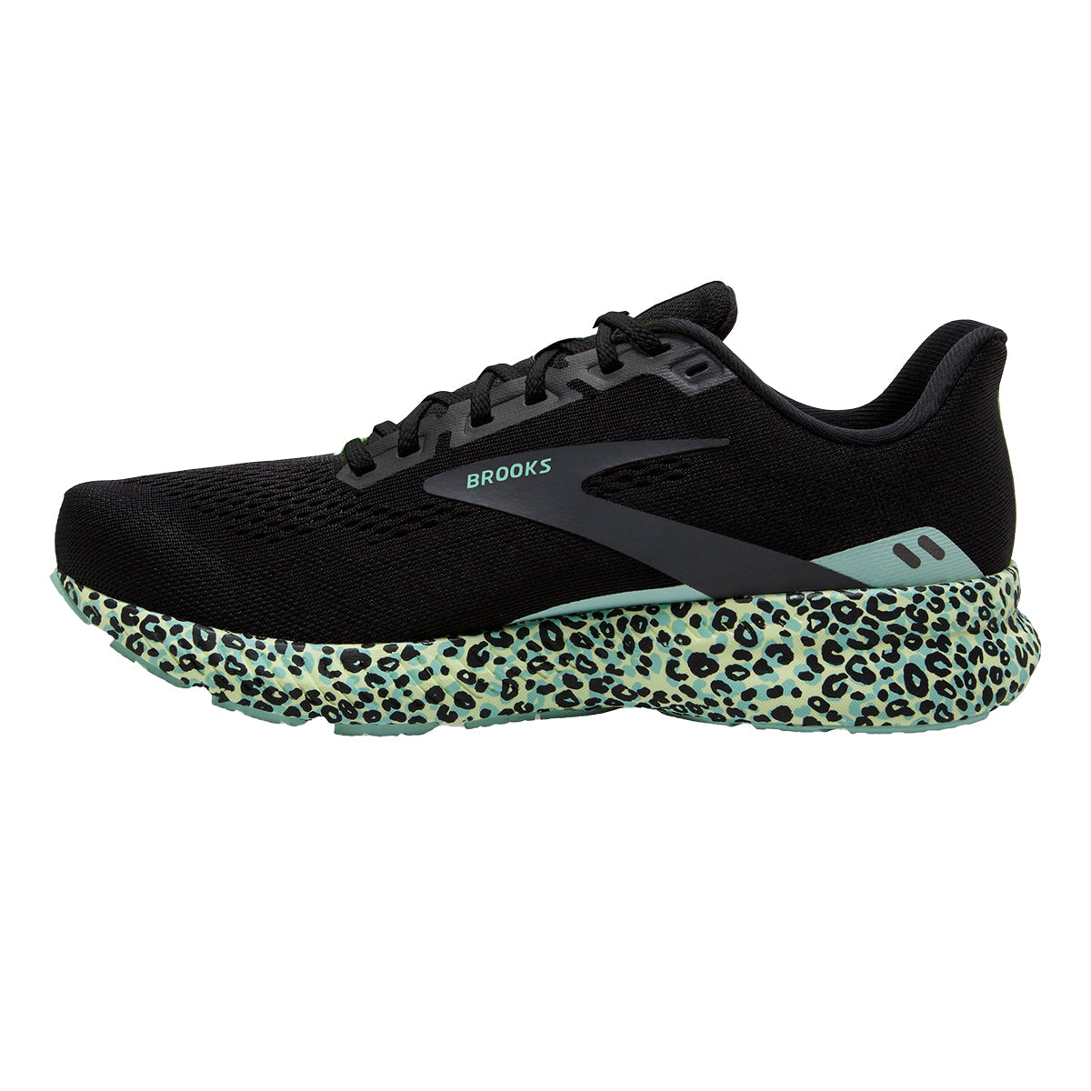 Brooks Launch 8 Wild Cheetah — Black - Ebony - Ocean — Size B — Width 10.5 — Side View