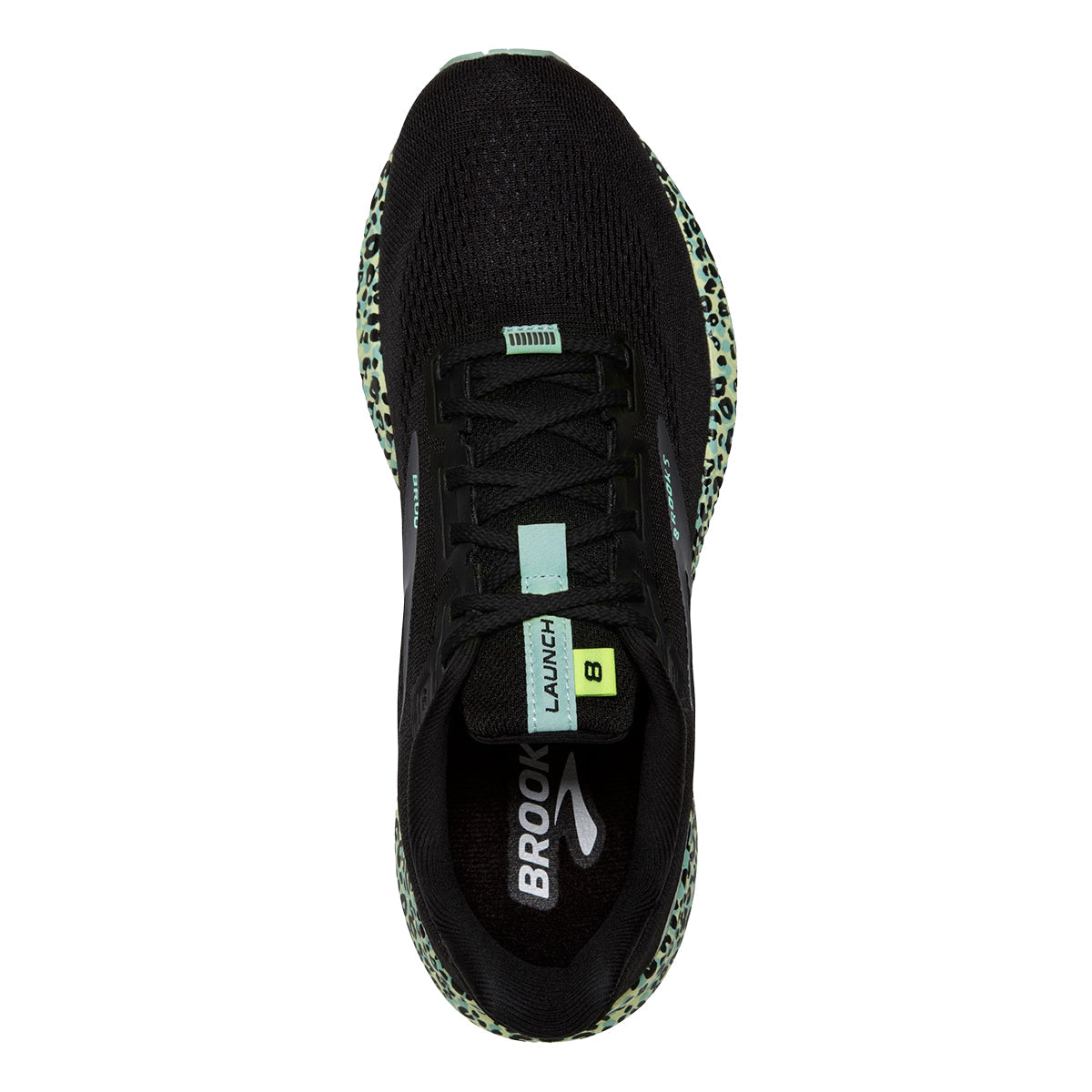 Brooks Launch 8 Wild Cheetah — Black - Ebony - Ocean — Size B — Width 10.5 — Back View