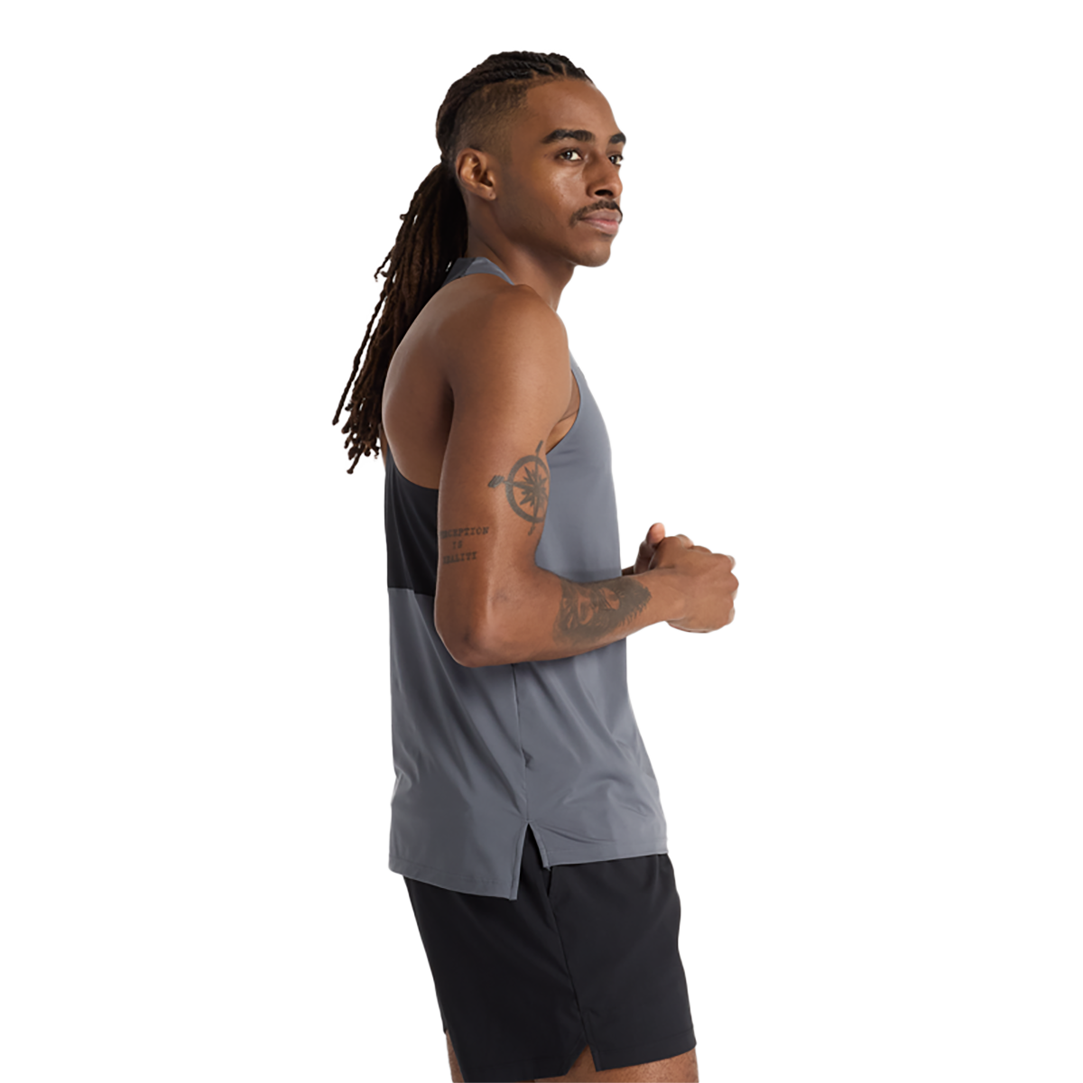 New Balance Race Day Tank — Gt Graphite — Size Medium — Side View
