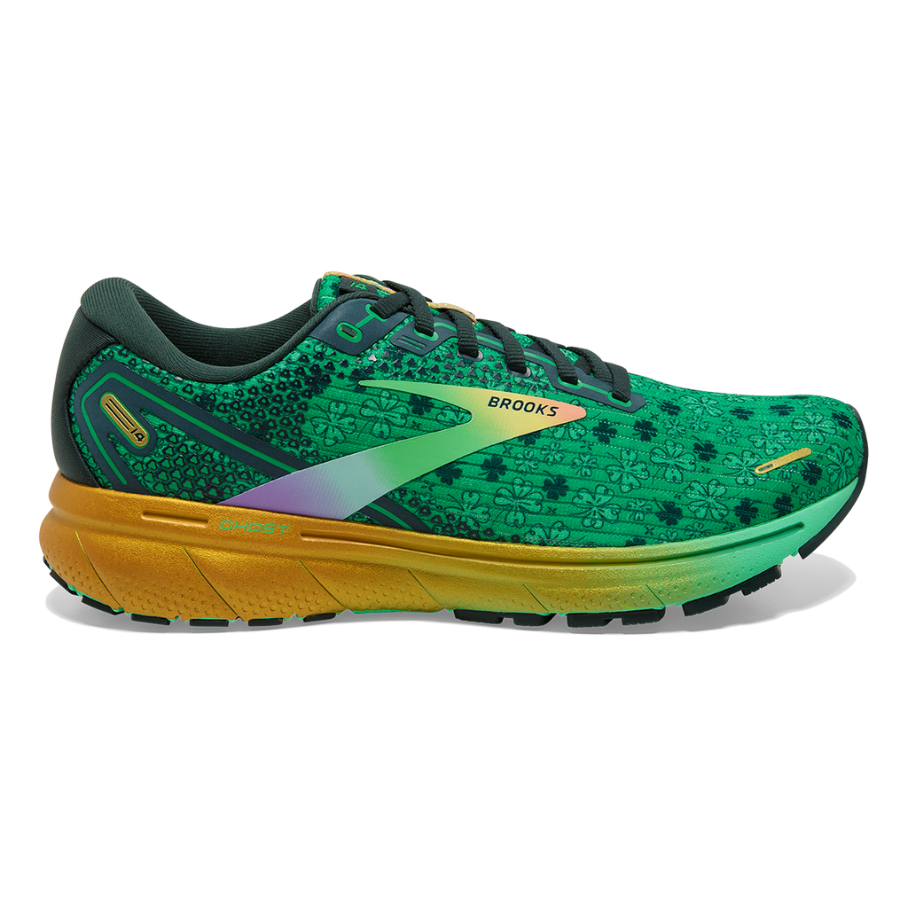 Brooks Ghost 14 Run Lucky — Bright Green - Gables - Gold — Size B — Width 10.5 — Front View