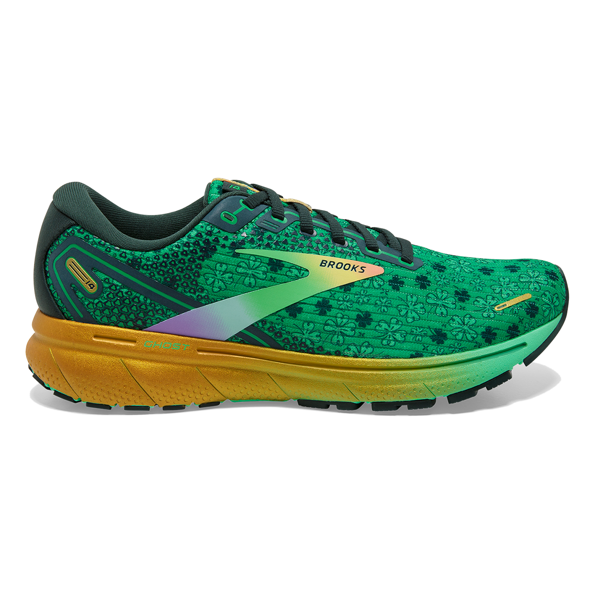 Brooks Ghost 14 Run Lucky — Bright Green - Gables - Gold — Size B — Width 10.5 — Front View