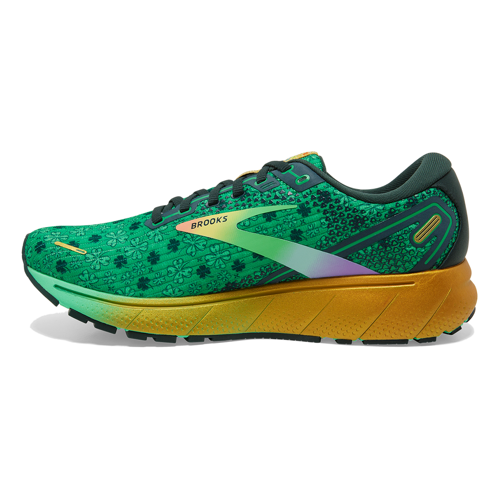 Brooks Ghost 14 Run Lucky — Bright Green - Gables - Gold — Size B — Width 10.5 — Side View
