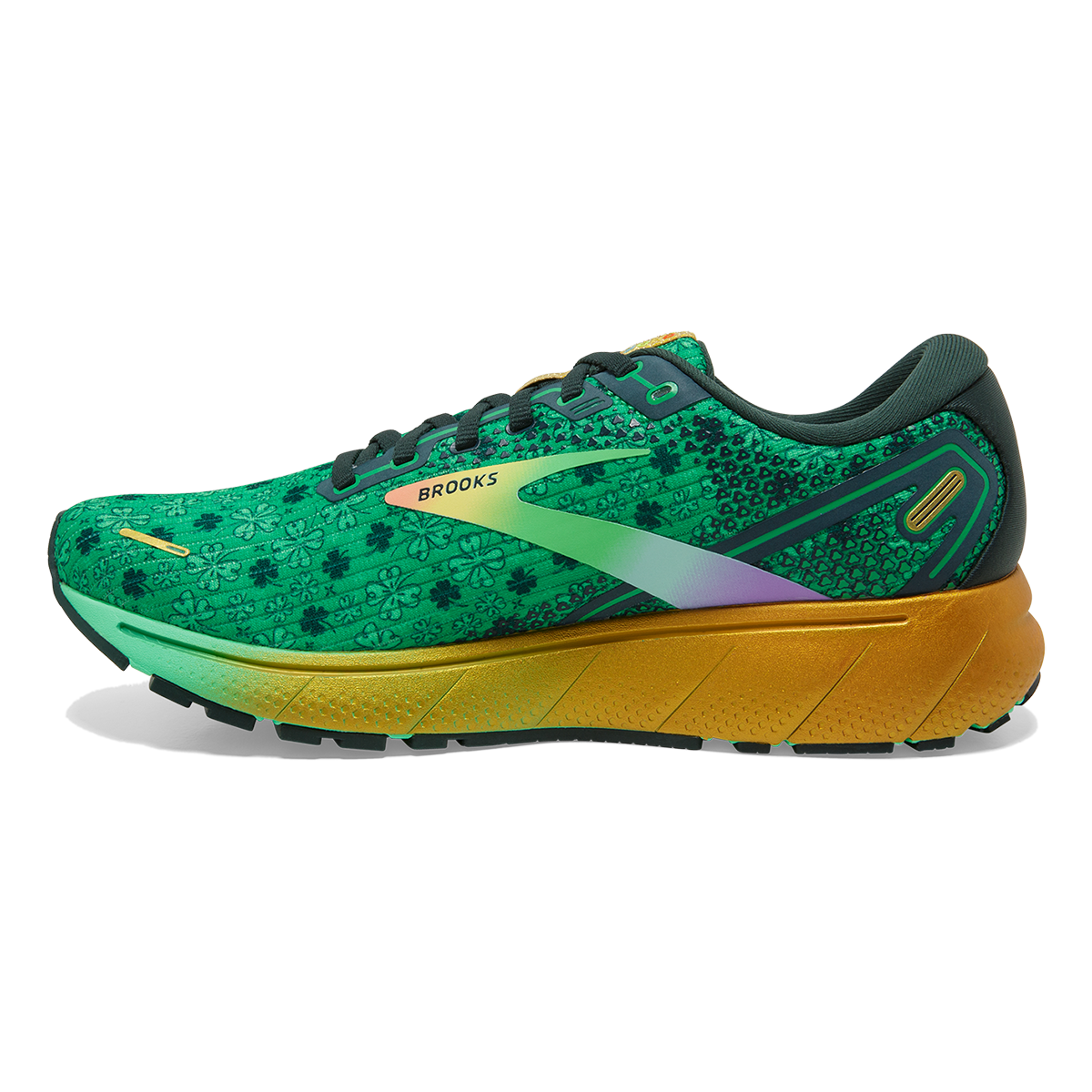 Brooks Ghost 14 Run Lucky — Bright Green - Gables - Gold — Size B — Width 10.5 — Side View