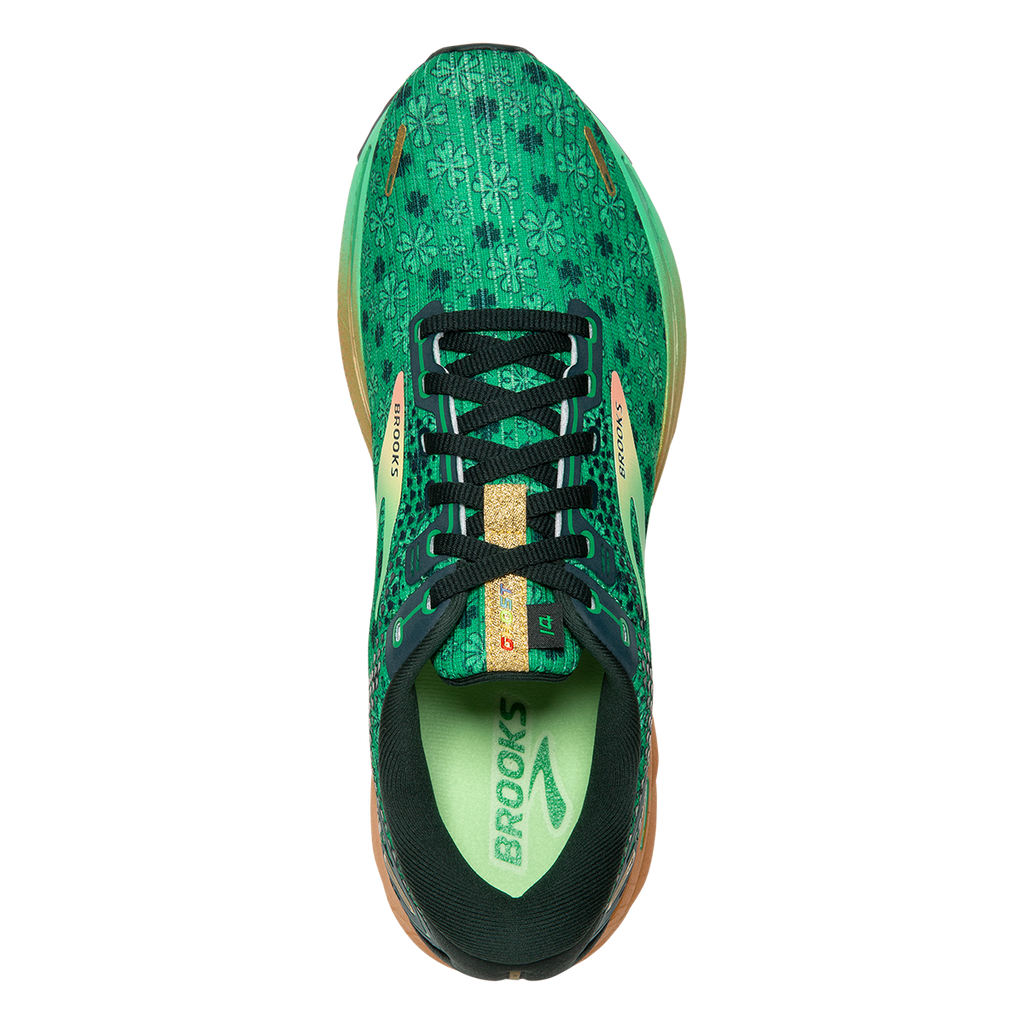 Brooks Ghost 14 Run Lucky — Bright Green - Gables - Gold — Size B — Width 10.5 — Back View