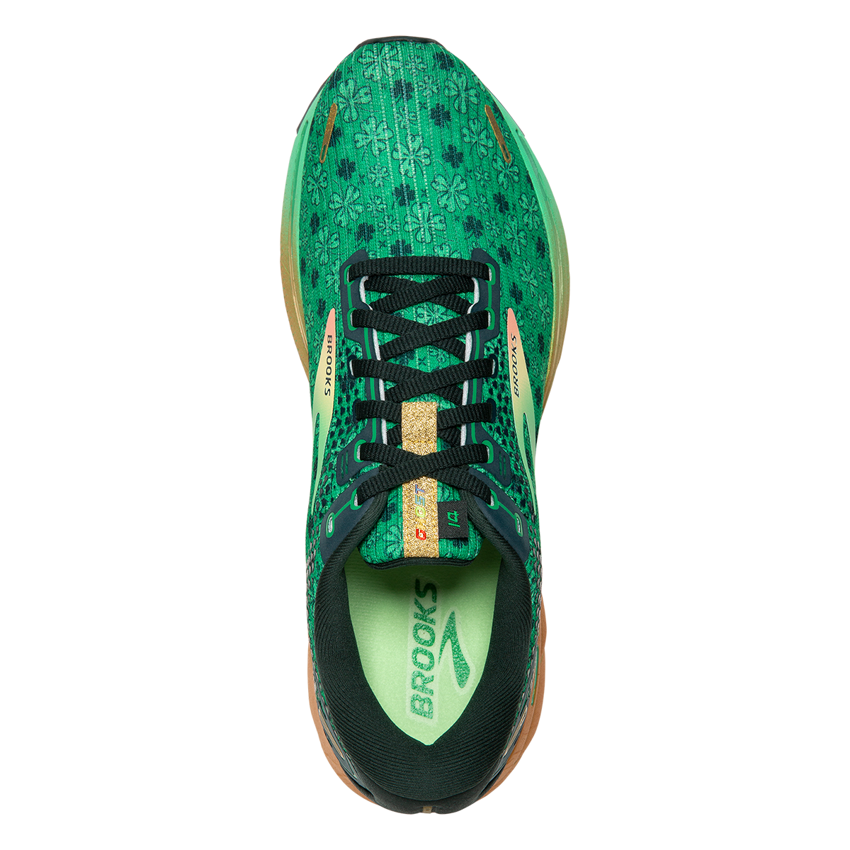 Brooks Ghost 14 Run Lucky — Bright Green - Gables - Gold — Size B — Width 10.5 — Back View