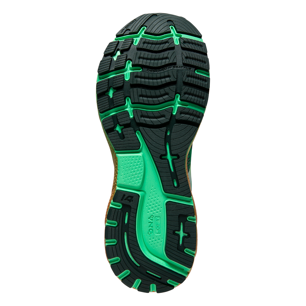 Brooks Ghost 14 Run Lucky — Bright Green - Gables - Gold — Size B — Width 10.5 — Top View