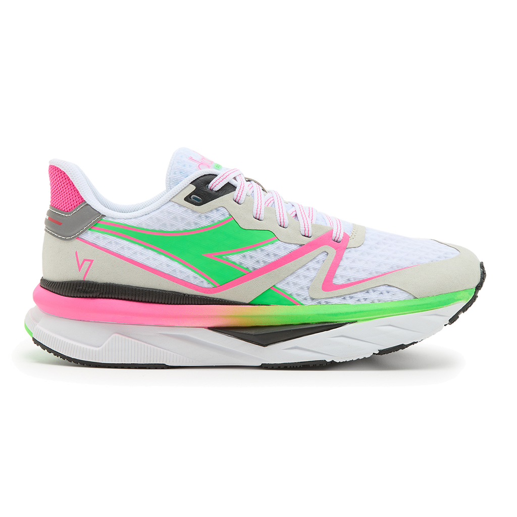 Diadora Atomo V7000 — White - Green Fluo - Pink Fl — Size B — Width 10 — Top View