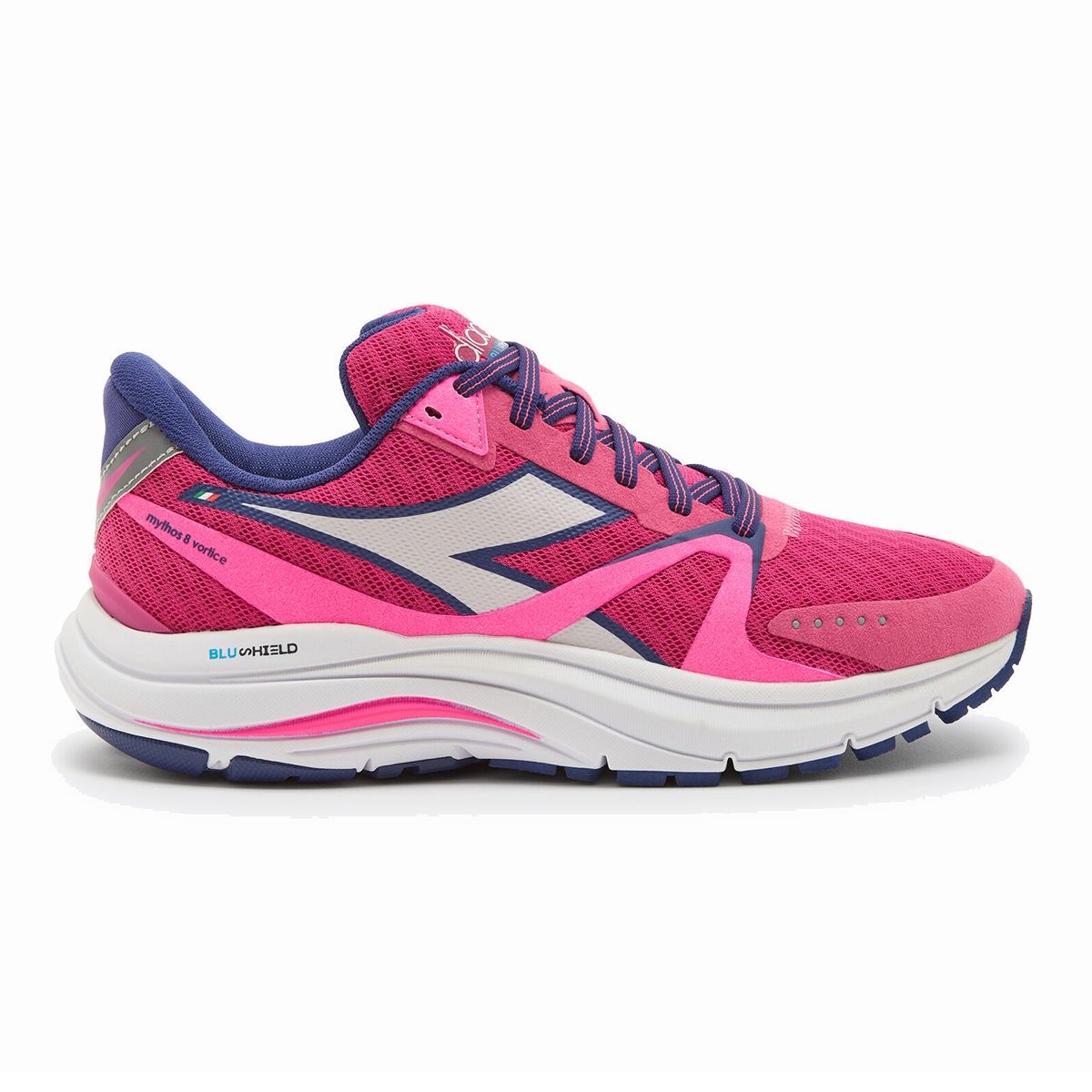 Diadora Mythos Blushield 8 Vortice — Pink Yarrow - White - Blue — Size B — Width 10 — Front View