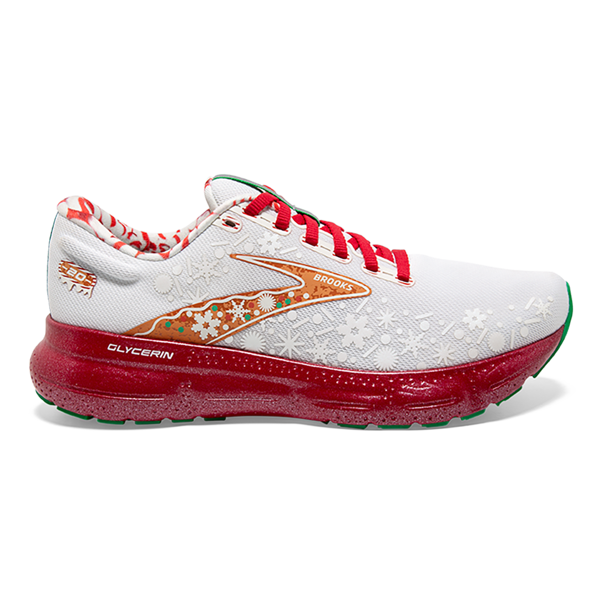 Brooks Glycerin 20 Run Merry — Red Alert - White - Caramel — Size B — Width 6.5 — Front View