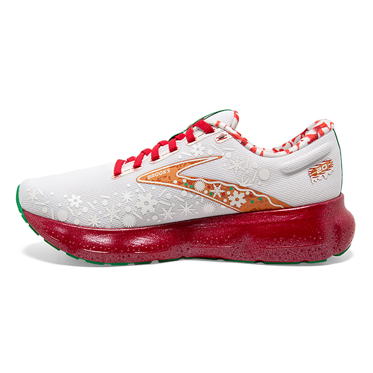 Brooks Glycerin 20 Run Merry — Red Alert - White - Caramel — Size B — Width 6.5 — Side View