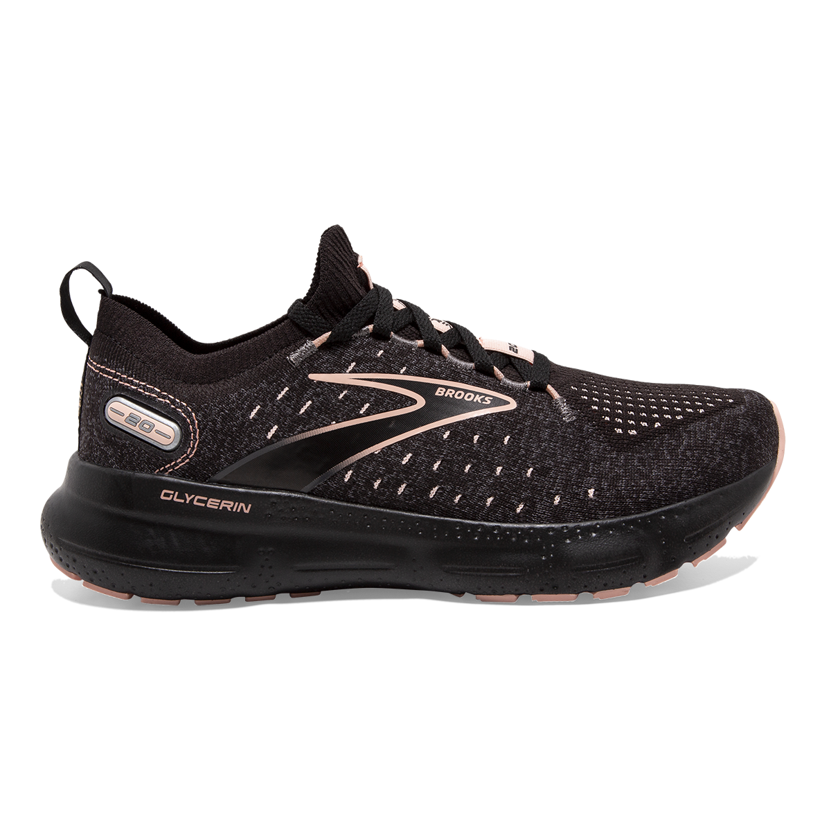Brooks Glycerin StealthFit 20 — Black - Pearl - Peach — Size B — Width 10.5 — Front View