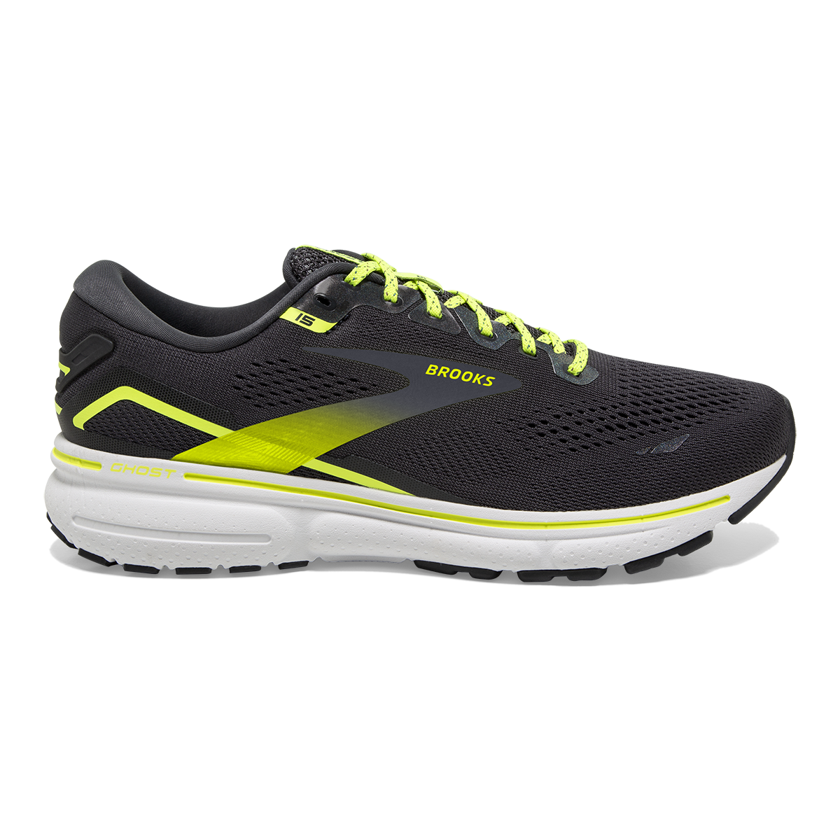 Brooks Ghost 15 Run Vision — Ebony - White - Nightlife — Size B — Width 6.5 — Front View