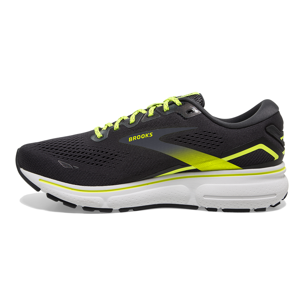 Brooks Ghost 15 Run Vision — Ebony - White - Nightlife — Size B — Width 6.5 — Side View
