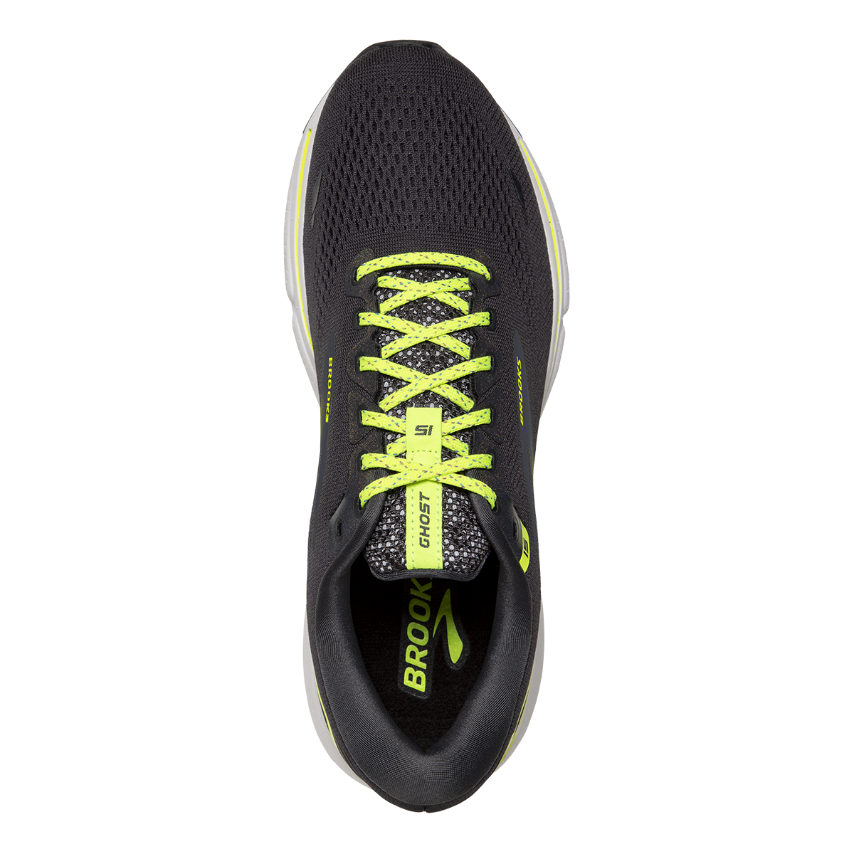 Brooks Ghost 15 Run Vision — Ebony - White - Nightlife — Size B — Width 6.5 — Back View