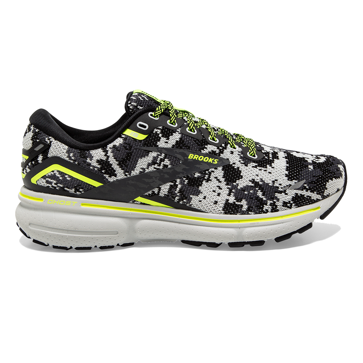 Brooks Ghost 15 Camo — Black - Ebony - Nightlife — Size B — Width 9 — Front View