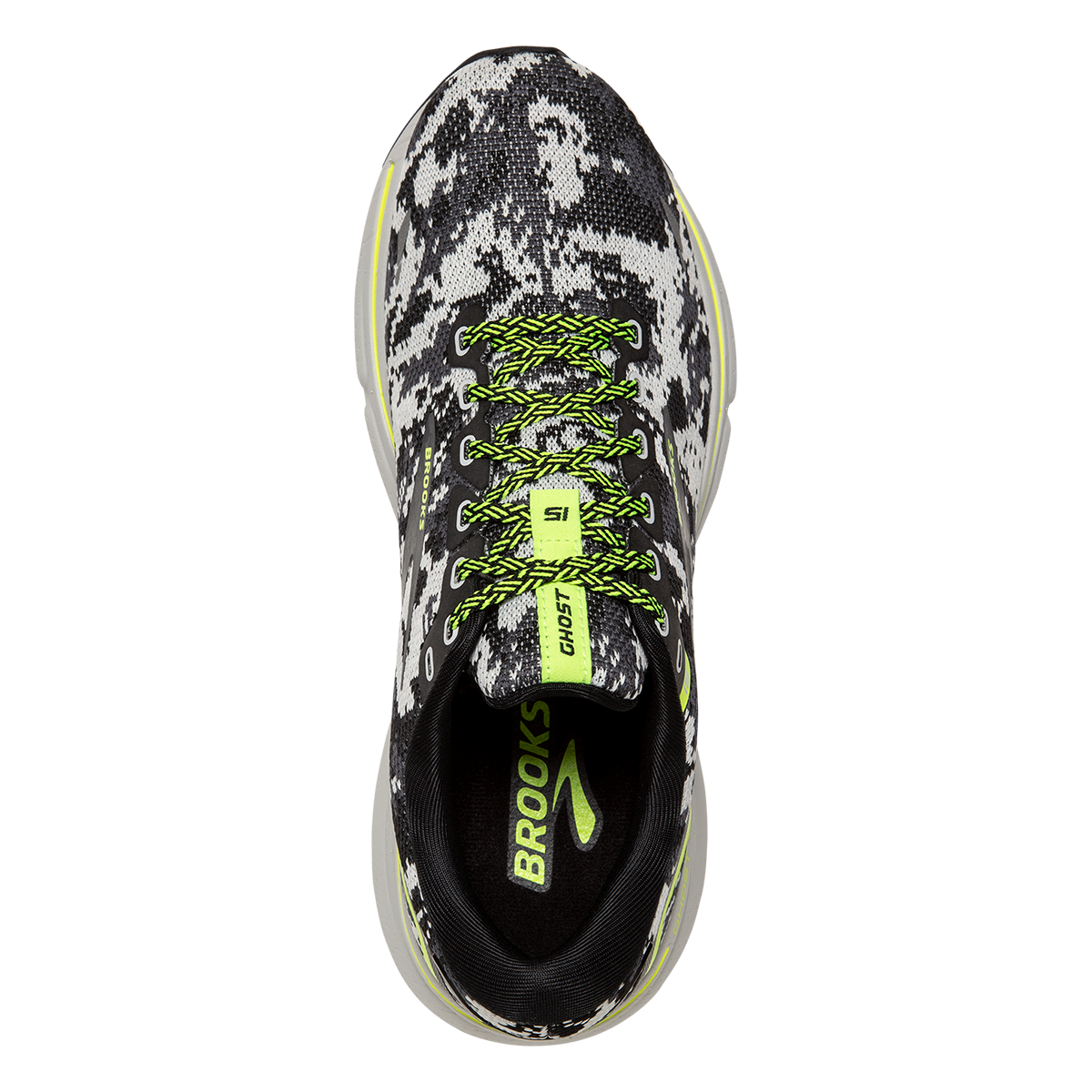 Brooks Ghost 15 Camo — Black - Ebony - Nightlife — Size B — Width 9 — Back View
