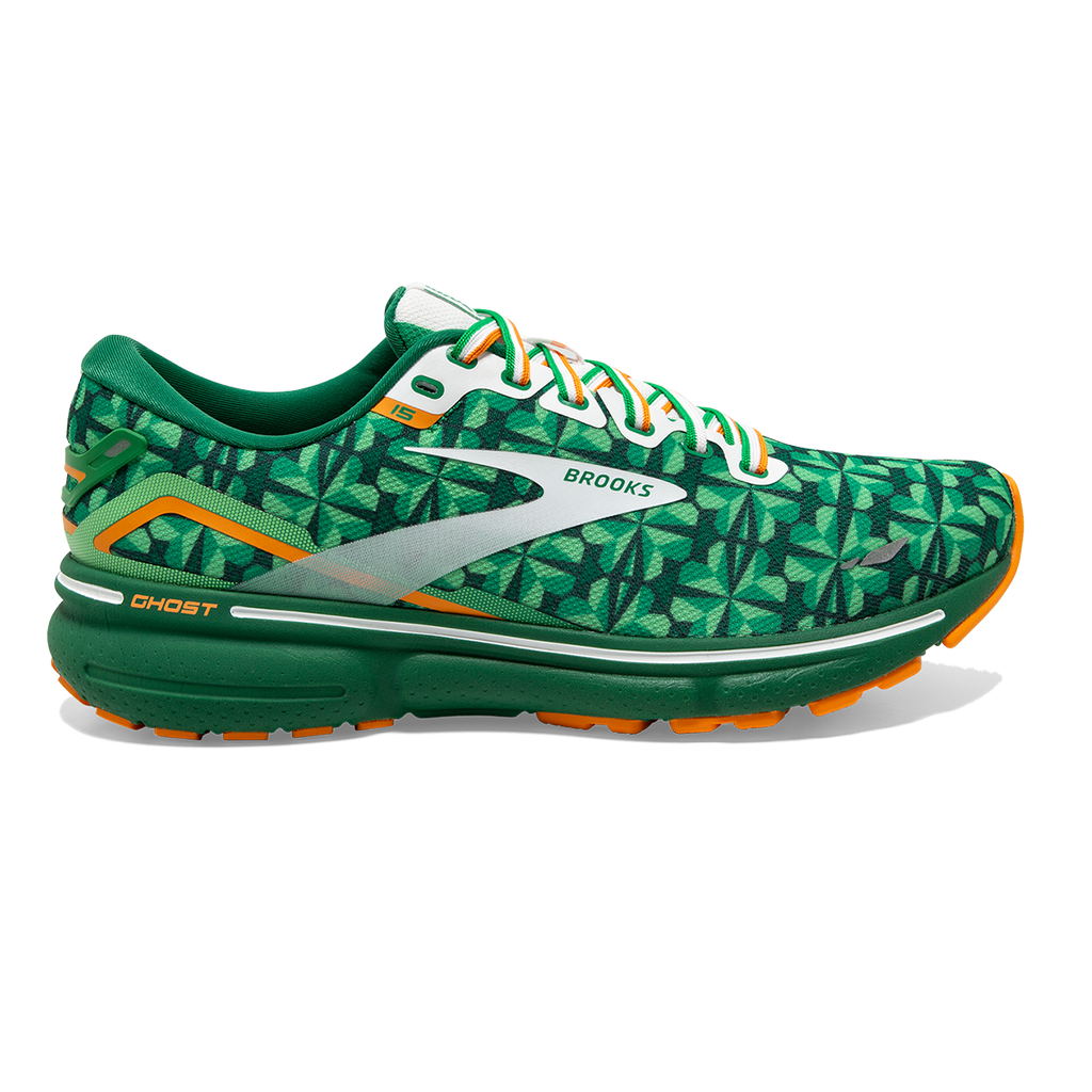 Brooks Ghost 15 Run Lucky — Green - White - Orange — Size B — Width 7 — Front View