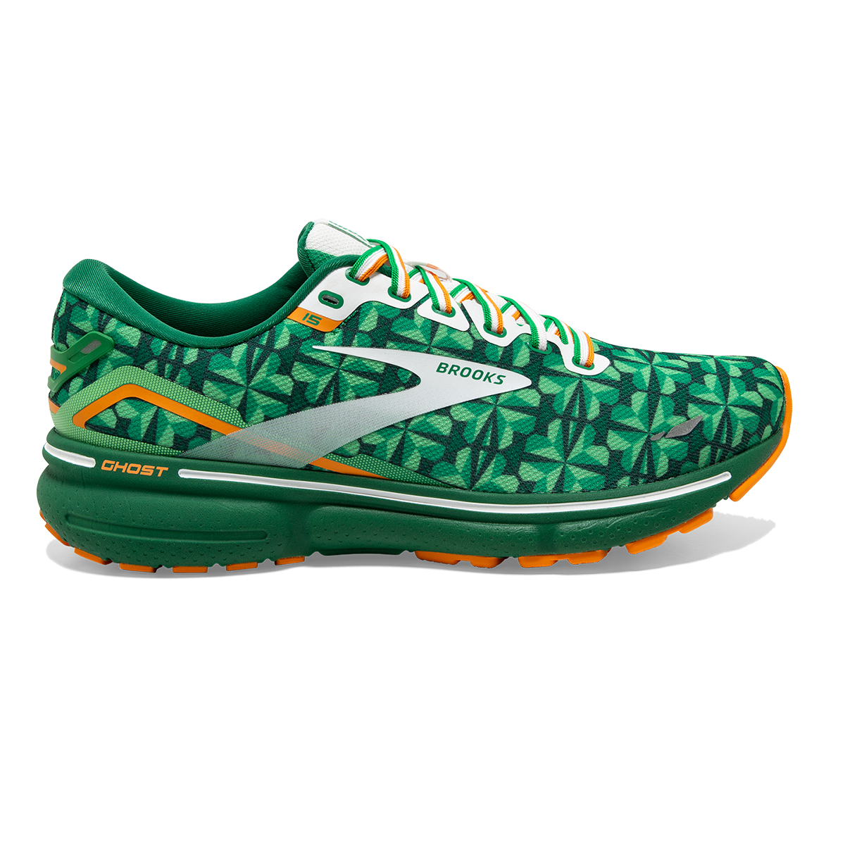 Brooks Ghost 15 Run Lucky — Green - White - Orange — Size B — Width 7 — Front View