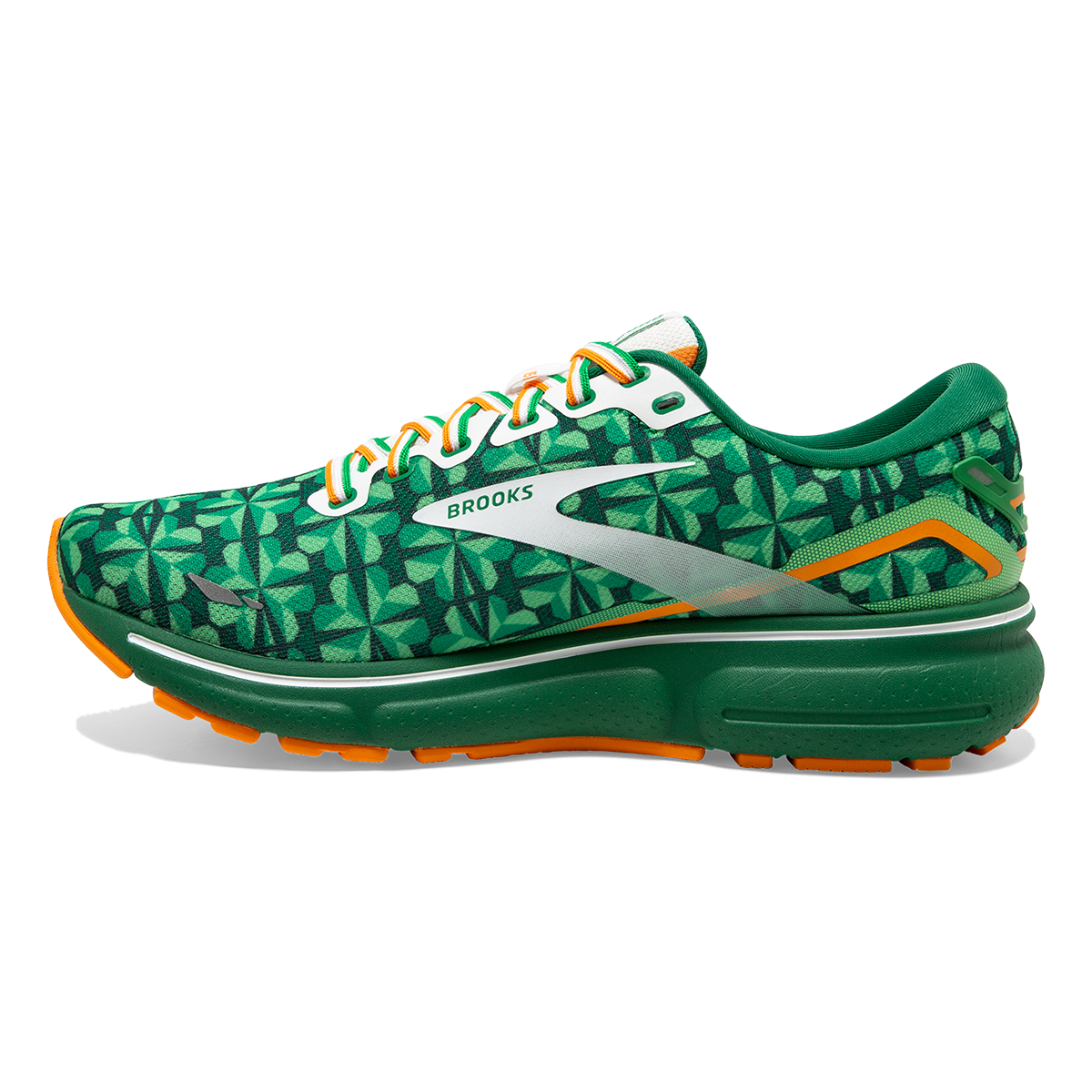 Brooks Ghost 15 Run Lucky — Green - White - Orange — Size B — Width 7 — Side View