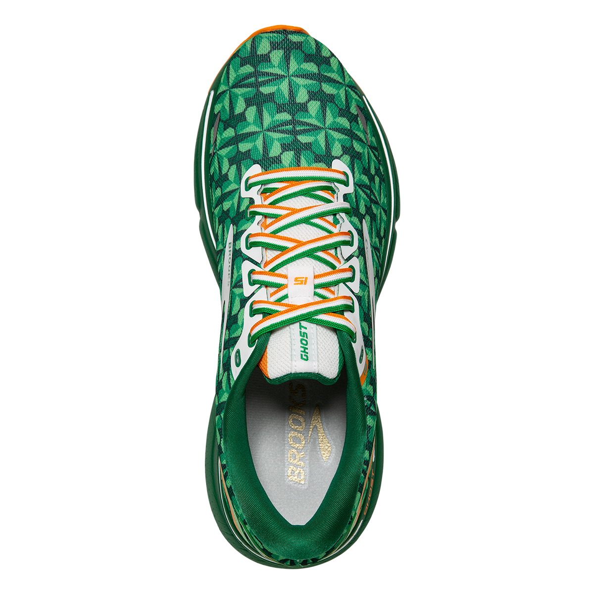 Brooks Ghost 15 Run Lucky — Green - White - Orange — Size B — Width 7 — Back View