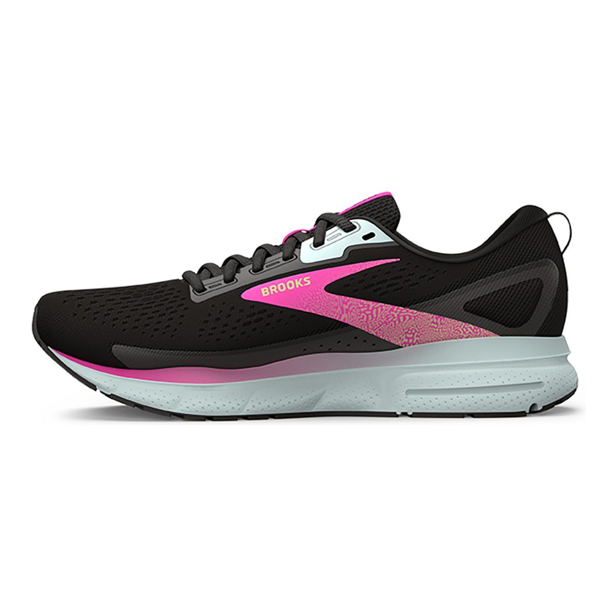 Brooks Trace 3 — Black - Blue - Pink Glo — Size B — Width 5 — Side View