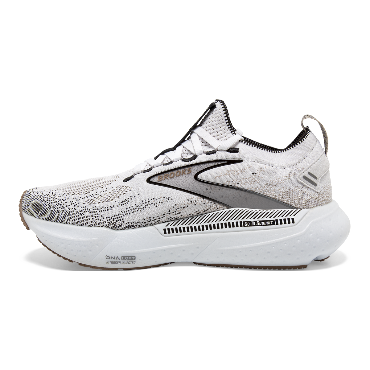 Brooks Glycerin StealthFit GTS 21 — White - Grey - Black — Size B — Width 6 — Side View