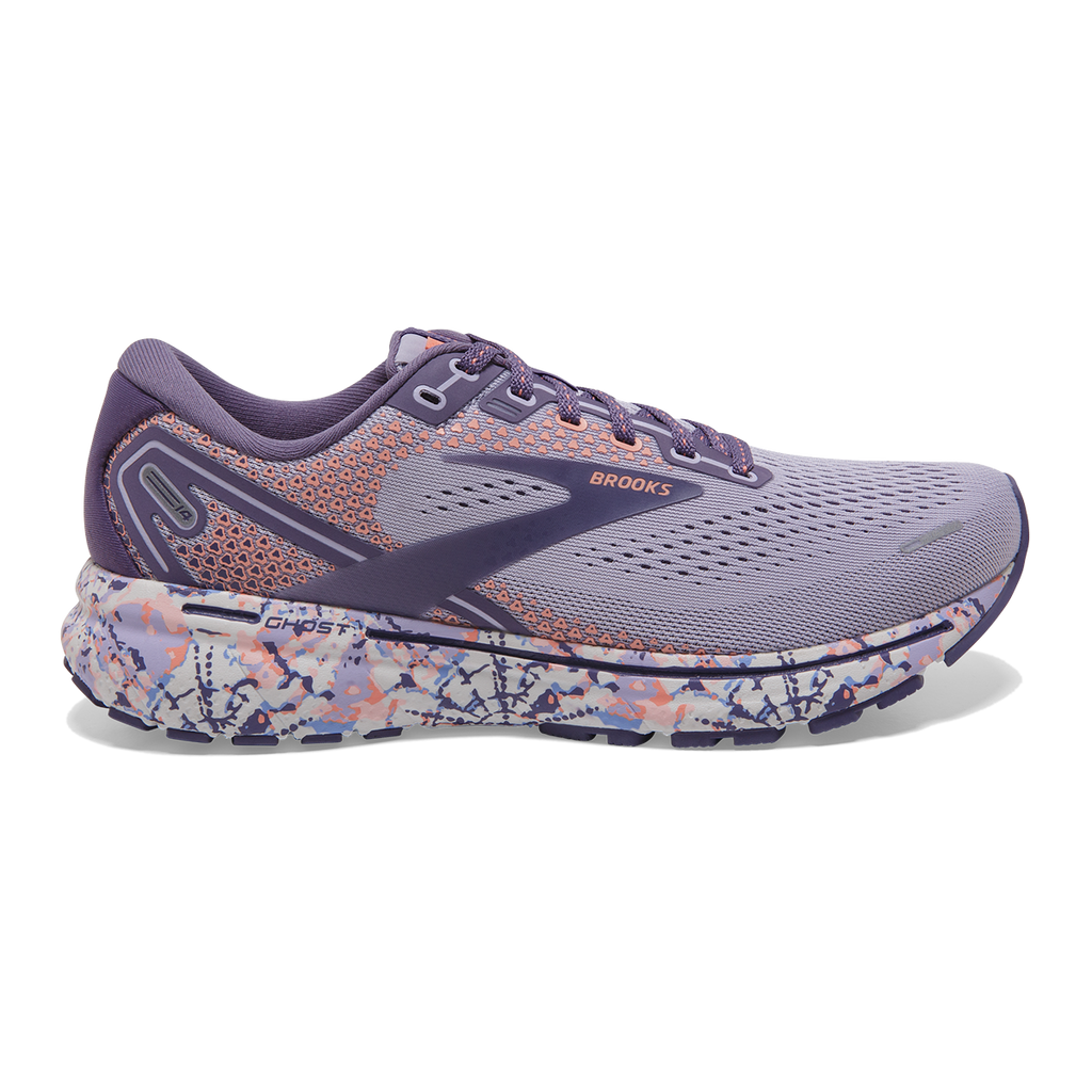 Brooks Ghost 14 Delicate Dyes — Cadet - Thistle - Papaya Punch — Size B — Width 10.5 — Front View