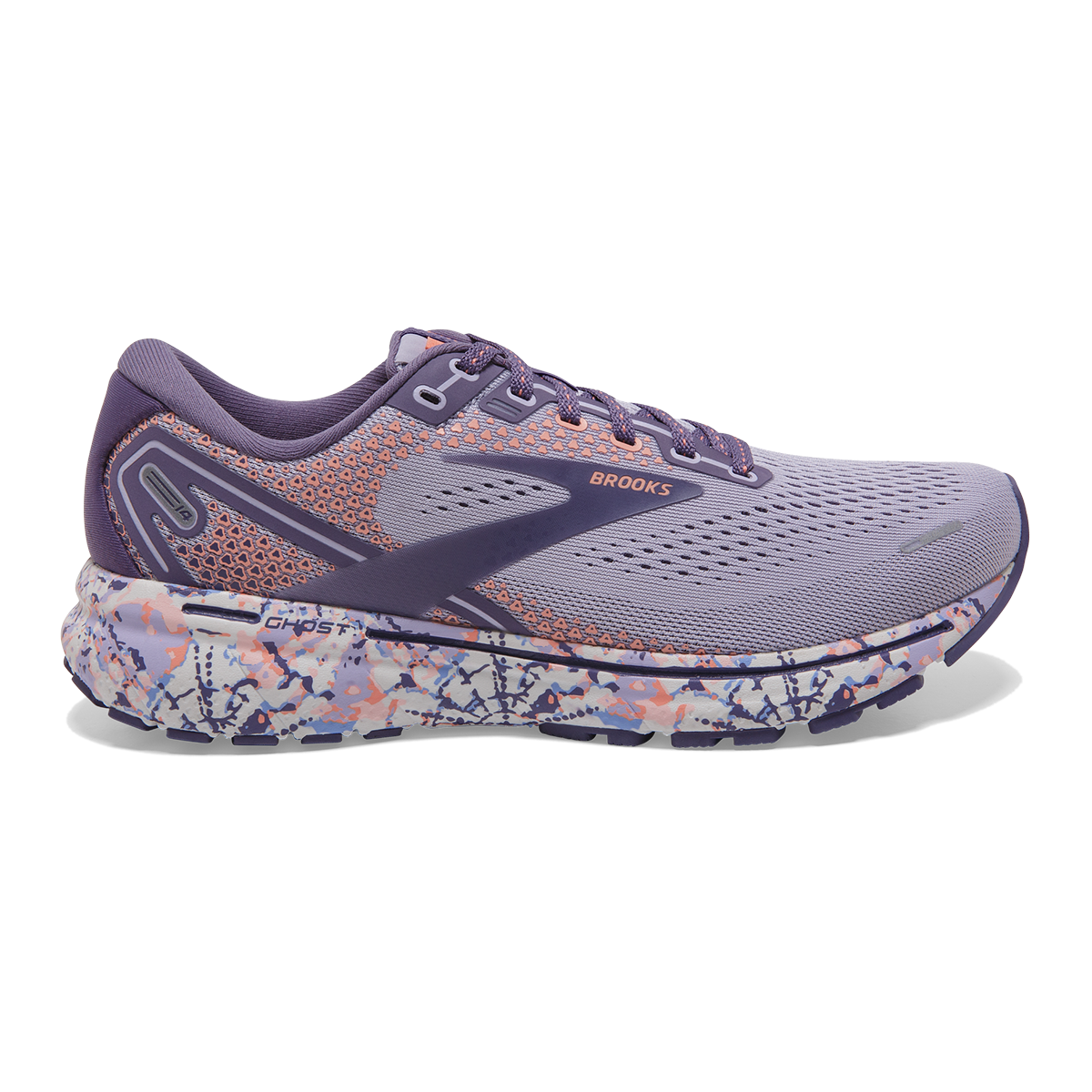 Brooks Ghost 14 Delicate Dyes — Cadet - Thistle - Papaya Punch — Size B — Width 10.5 — Front View