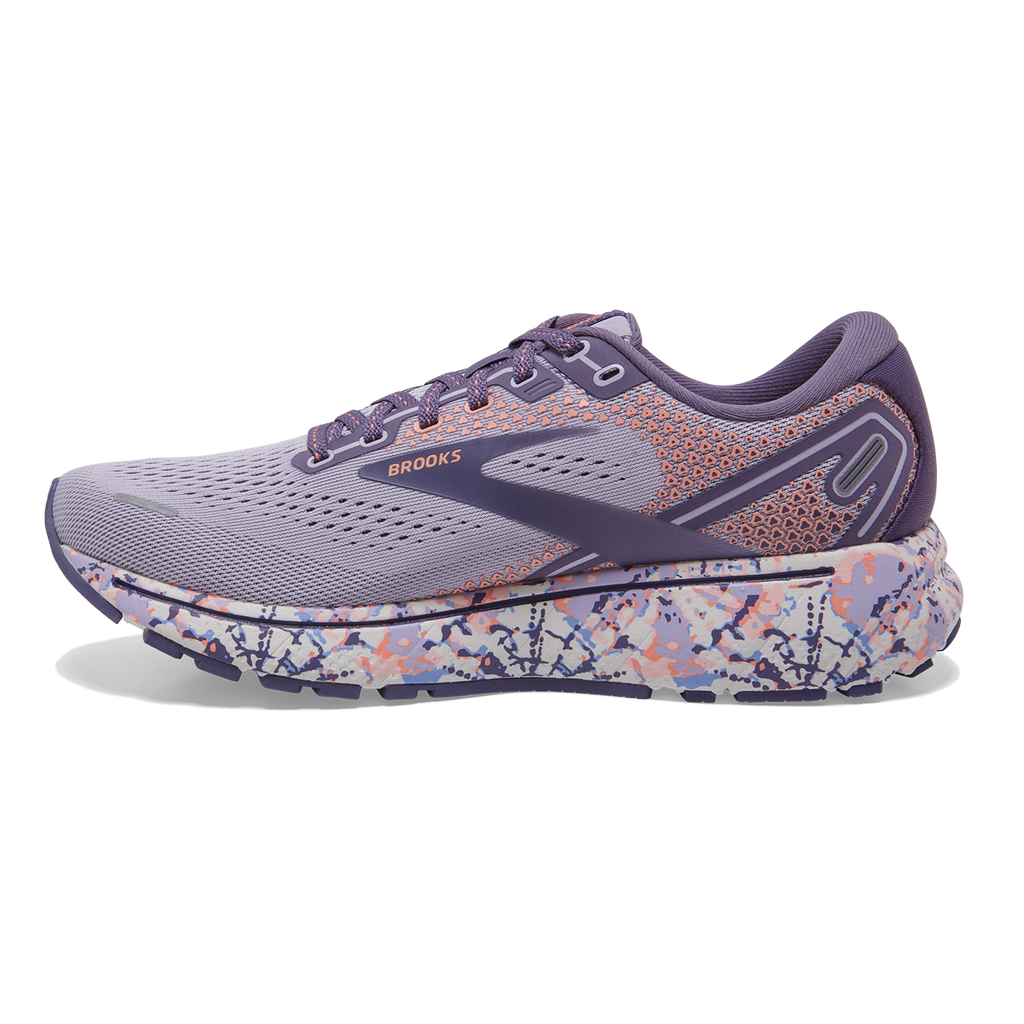 Brooks Ghost 14 Delicate Dyes — Cadet - Thistle - Papaya Punch — Size B — Width 10.5 — Side View
