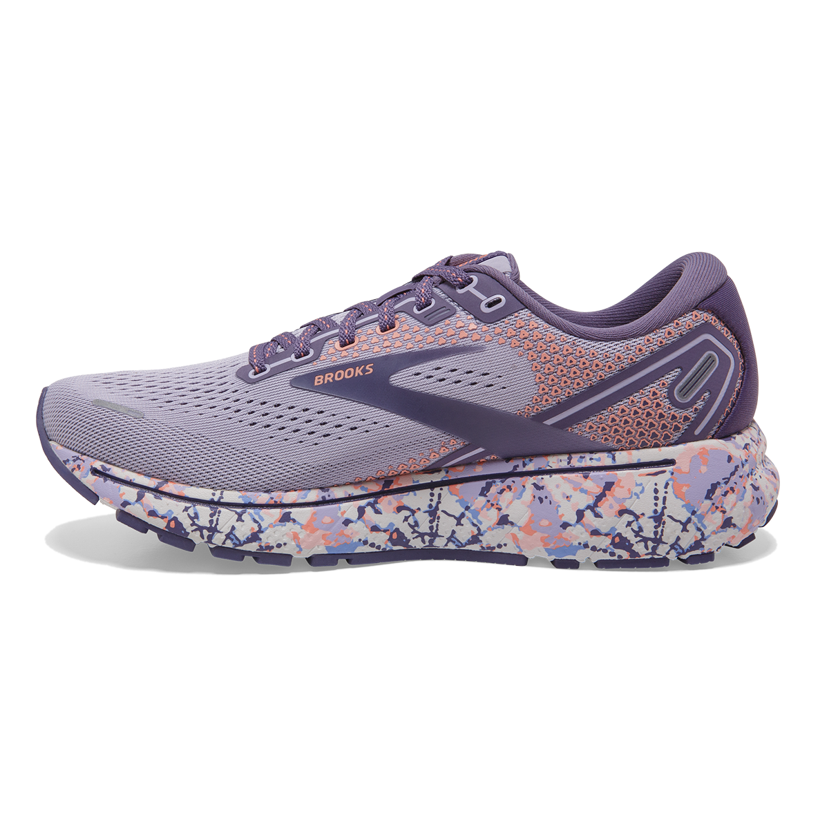 Brooks Ghost 14 Delicate Dyes — Cadet - Thistle - Papaya Punch — Size B — Width 10.5 — Side View