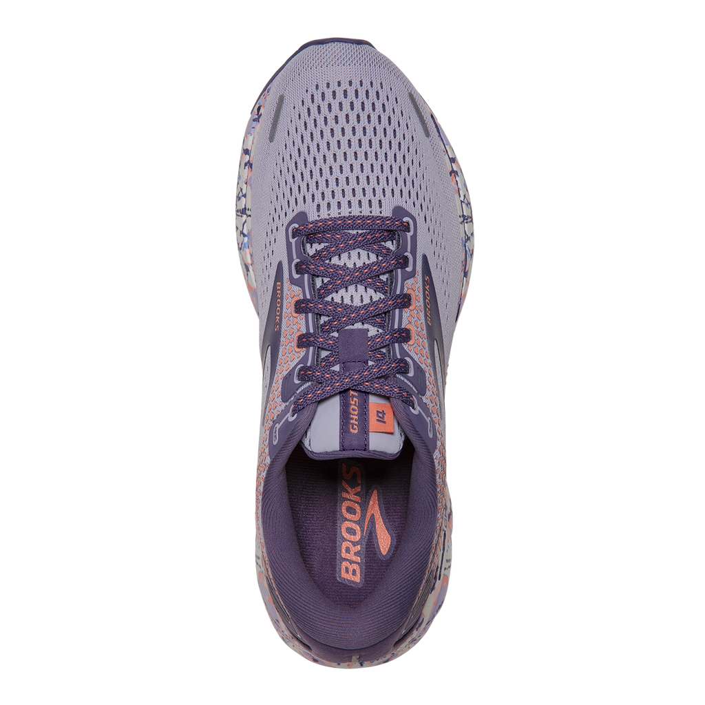 Brooks Ghost 14 Delicate Dyes — Cadet - Thistle - Papaya Punch — Size B — Width 10.5 — Back View