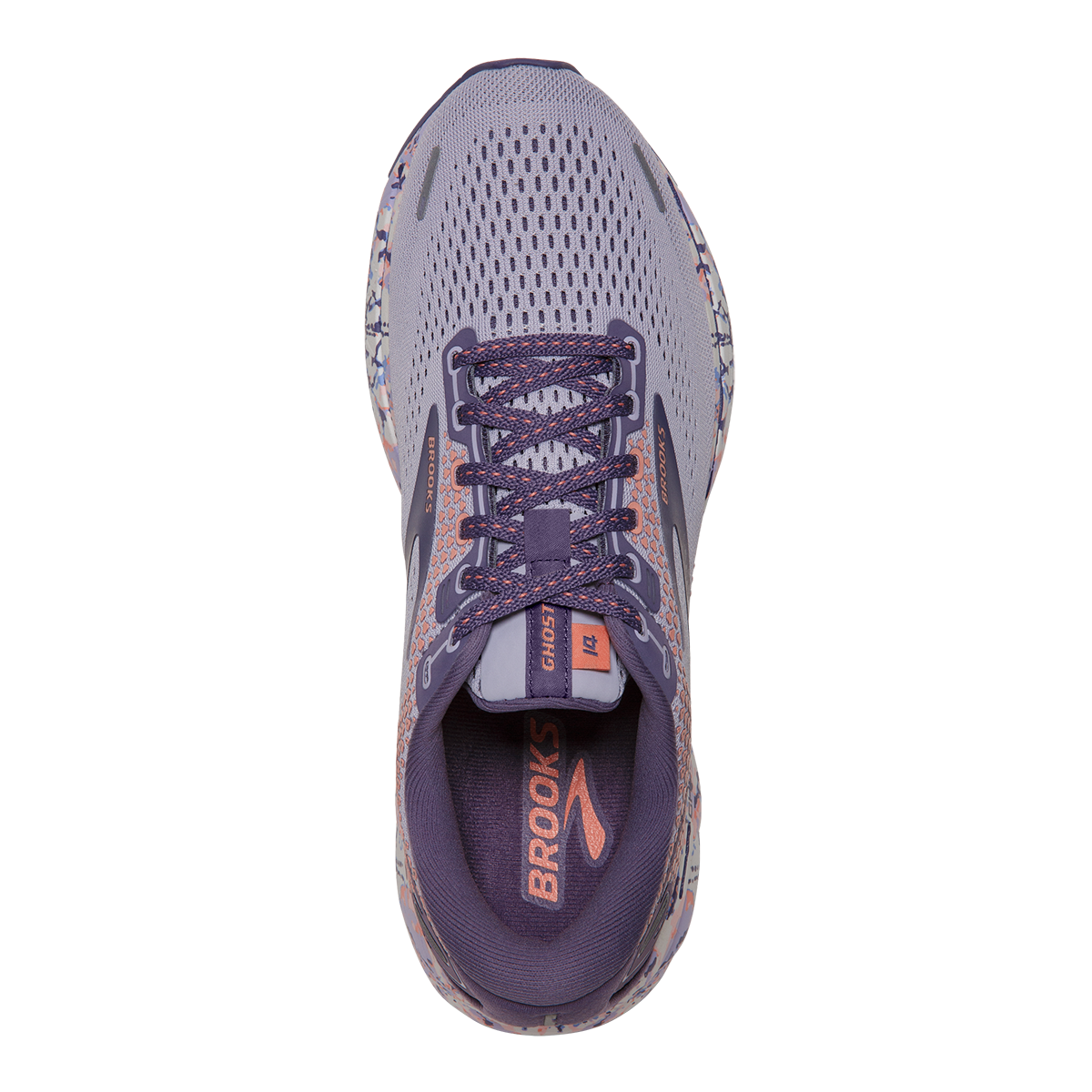 Brooks Ghost 14 Delicate Dyes — Cadet - Thistle - Papaya Punch — Size B — Width 10.5 — Back View