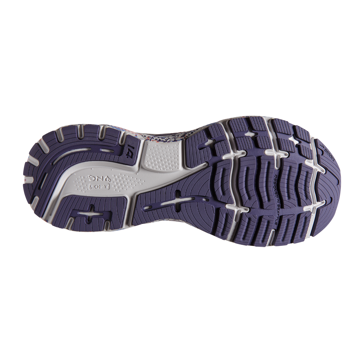 Brooks Ghost 14 Delicate Dyes — Cadet - Thistle - Papaya Punch — Size B — Width 10.5 — Top View