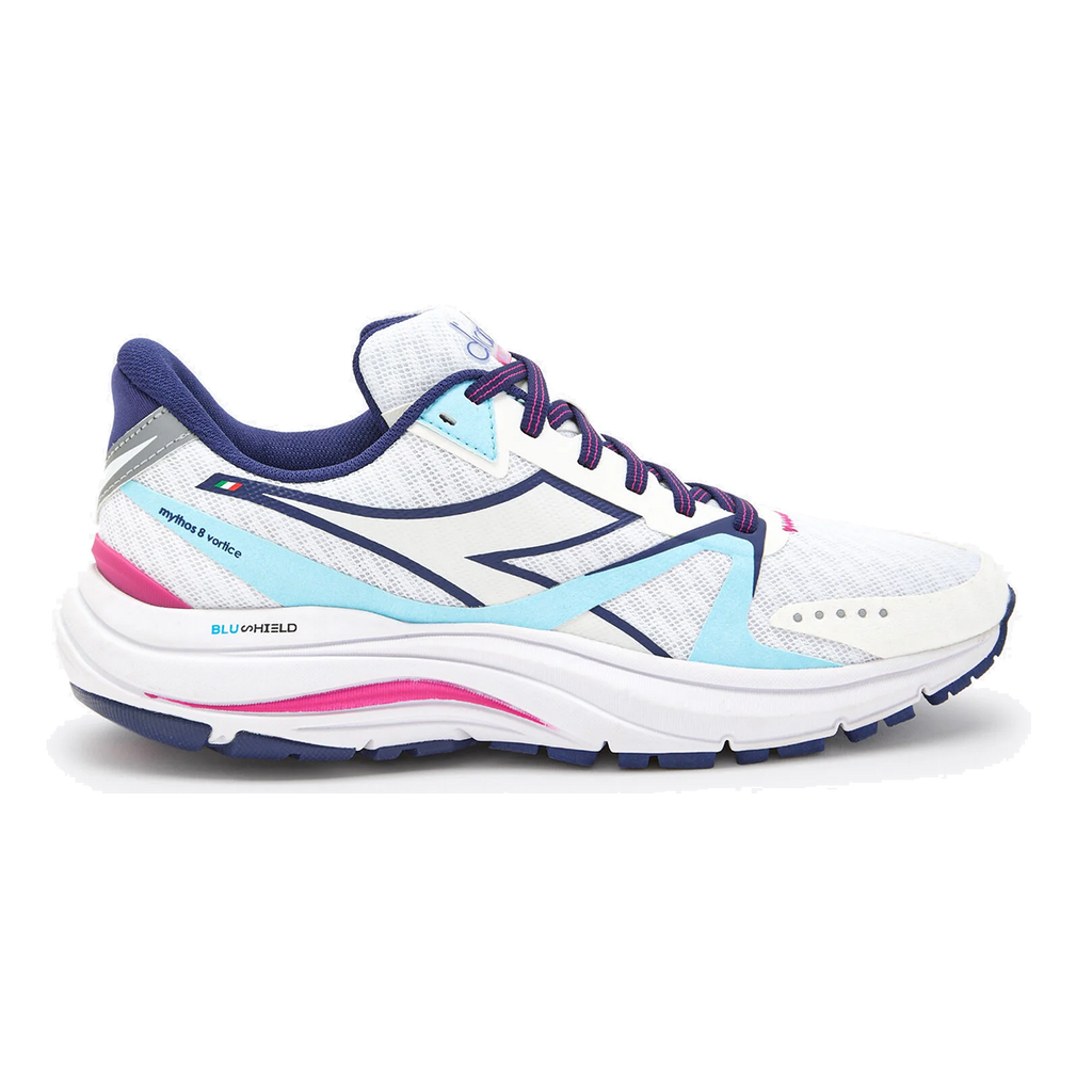Diadora Mythos Blushield 8 Vortice — Pink Yarrow - White - Blue — Size B — Width 10 — Top View